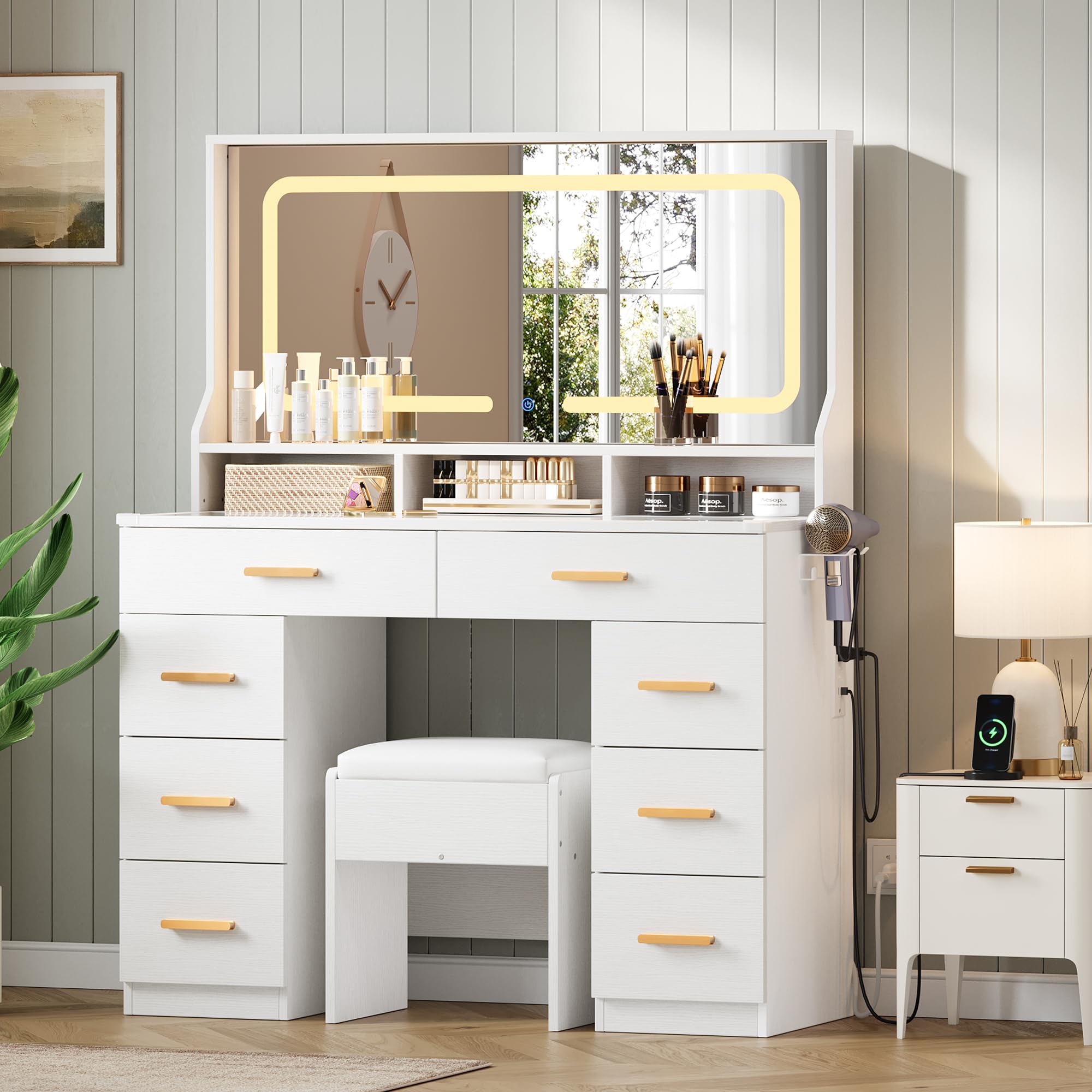MilleLoom Vanity Desk with Large Mirror & Lights, Makeup Vanity Desk with 8 Drawers & 3 Storage Shelves, Makeup Vanity Table Set with Transparent Glass Top, Stool & Power Outlet for Bedroom, White