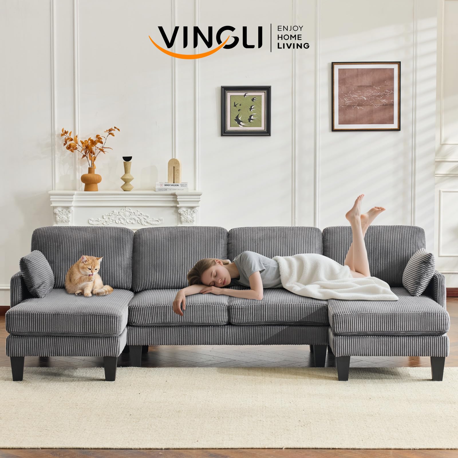 VINGLI 108" W U-Shaped Sectional Couches for Living Room, Sturdy Wooden Armrest Corduroy Cloud Couch with Double Chaise, High Support Modern 4-Seat Sectional Sofa for Apartment, Offices, Dark Grey