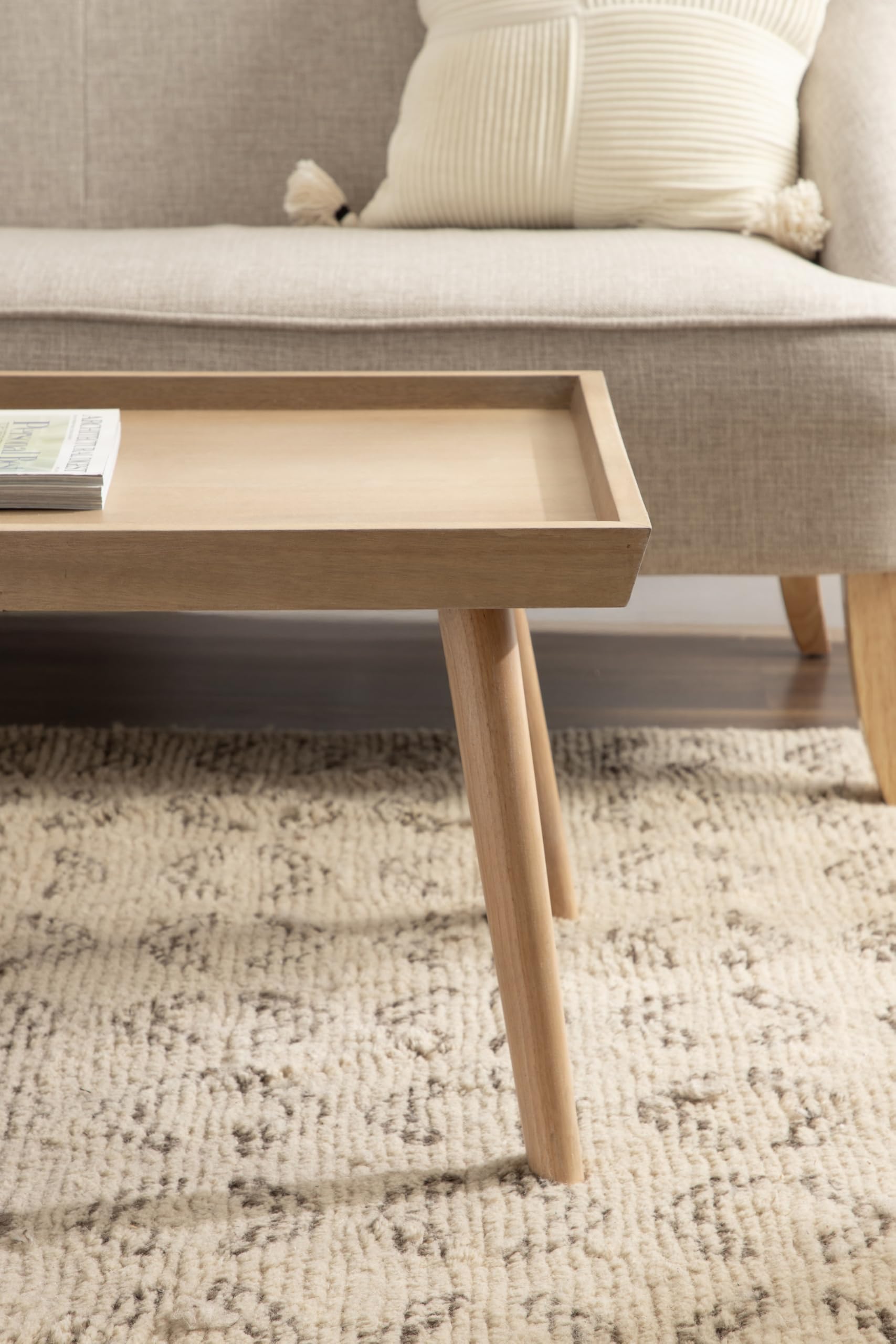 Kate and Laurel Eastmont Rectangle Wood Coffee Table; 46 x 22 x 17; Light Natural; Large Mid-Century Wooden Living Room Table with Stylish Tapered Legs and Adjustable Feet