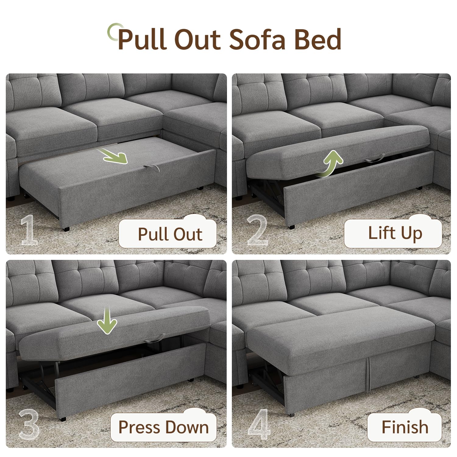 HONBAY Sectional Sleeper Sofa with Pull Out Bed, Convertible 7 Seaters U Shaped Sectional Couch for Living Room, Grey