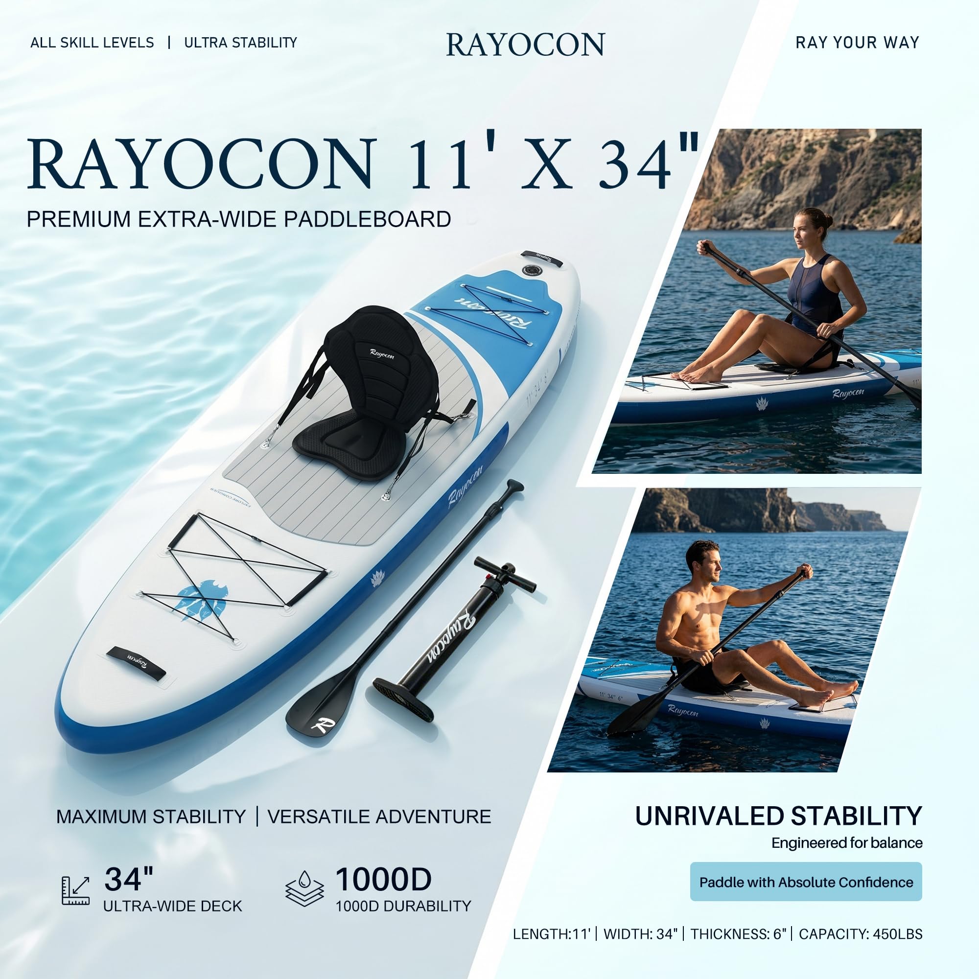 Inflatable Stand Up Paddle Board with Kayak Seat, 11'×34" Extra Wide 2-in-1 SUP, Ultra-Stable for Adults & Dog, 450lbs, Dual Chamber Pump, Fiberglass Paddle, Wild Bear Claw Polar Design Blue