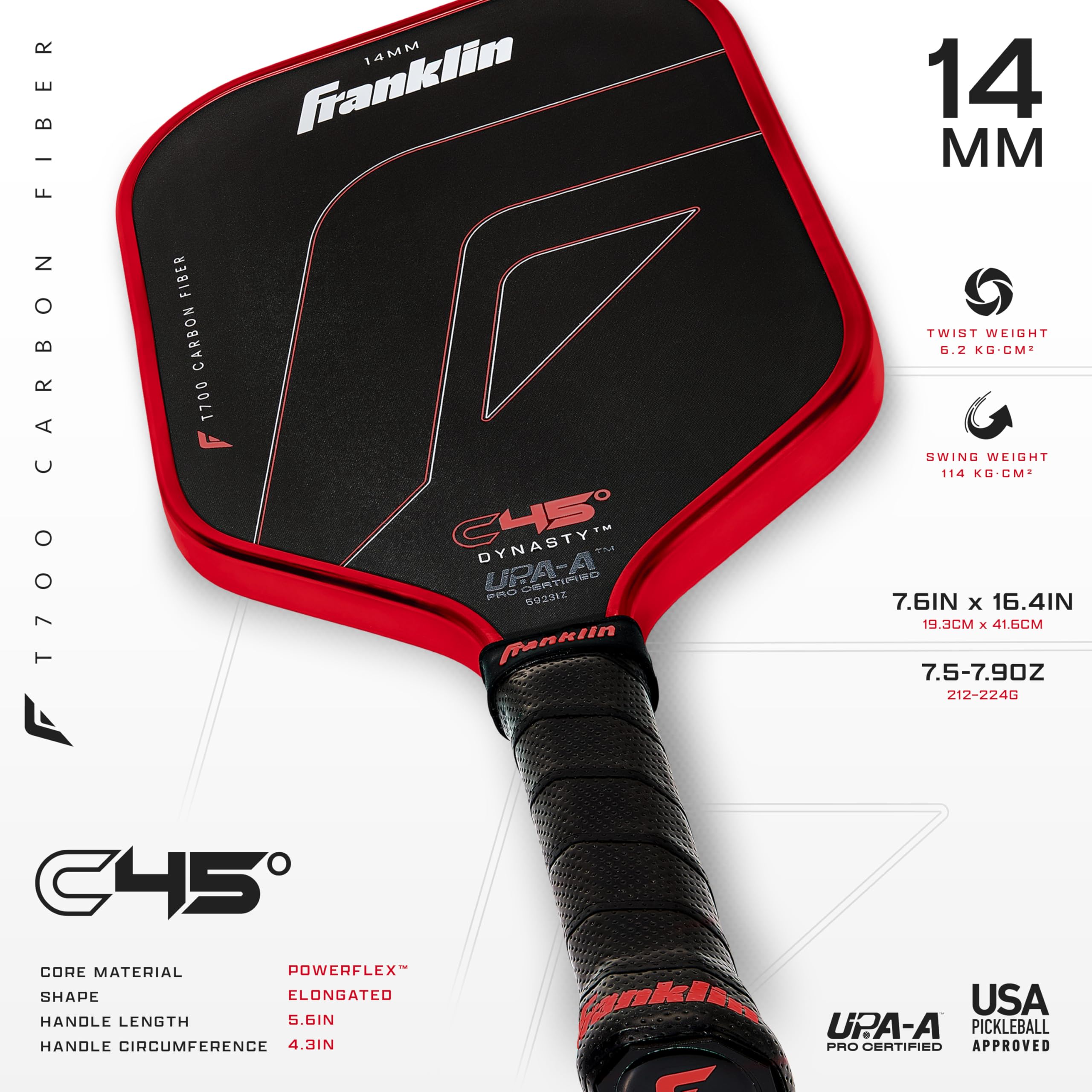 Franklin Sports PRO Pickleball Paddles – C45 Carbon Fiber Series - Official USAP + UPA Approved – Pro Player Design, DYNASTY 14MM RED