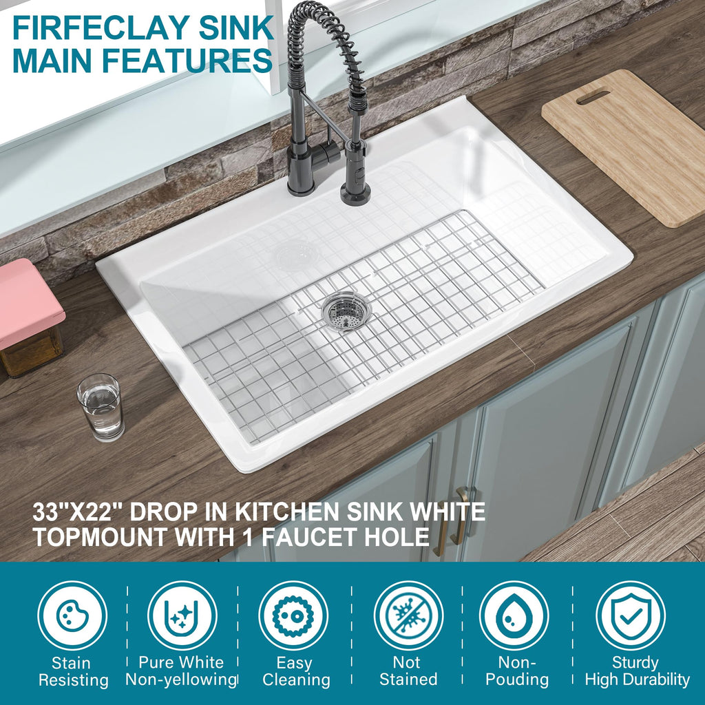 HOMLYLINK 33x22 Drop In Kitchen Sink White 1 Hole, 33 Inch Topmount Fireclay Sink Drop In Single Bowl, Heavy Duty Large Capacity Deep Basin, w 2 Custom Accessories, Pure White, for Kitchen