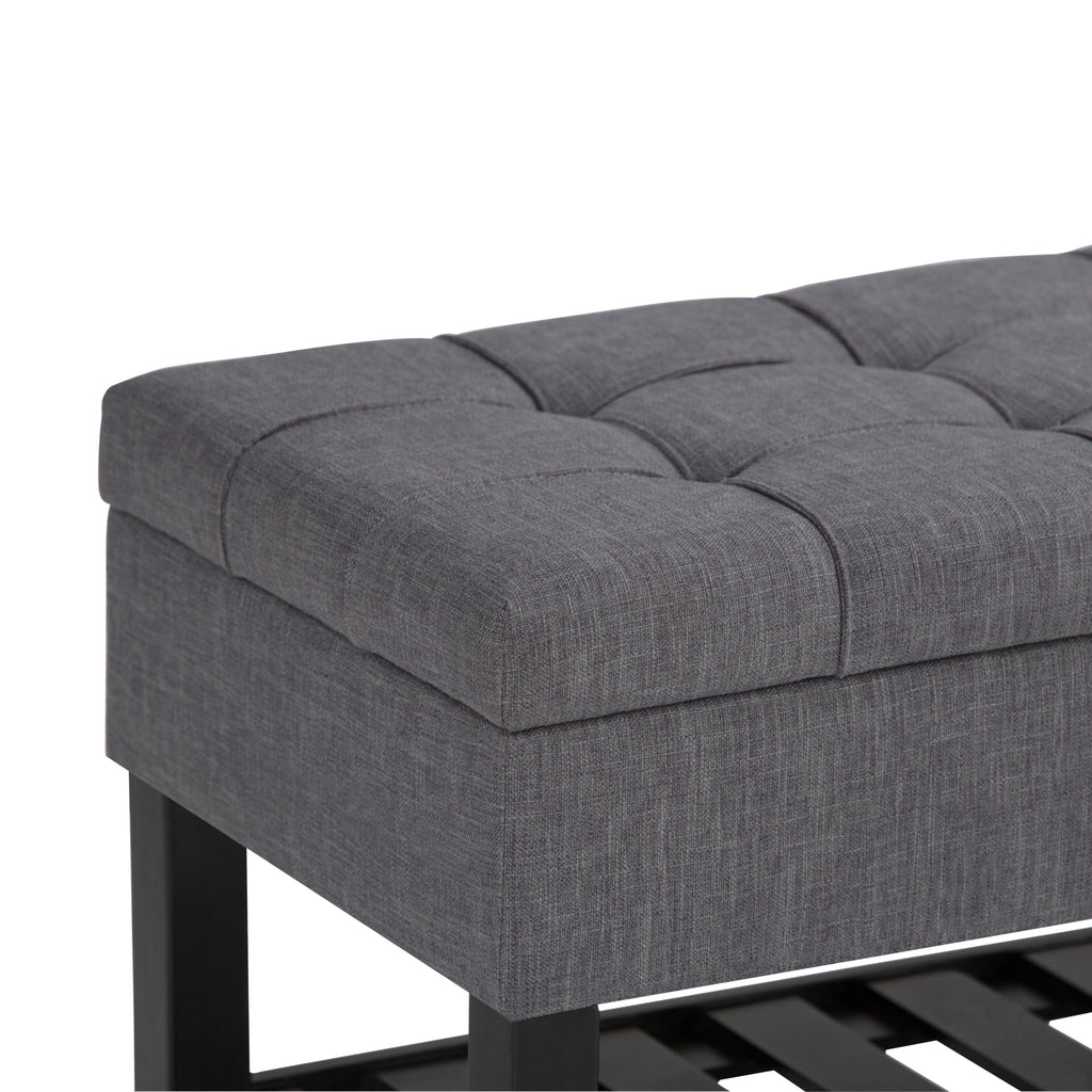 SIMPLIHOME Saxon Storage Ottoman Bench - 43 inch Wide Upholstered Linen Look Fabric Rectangle Storage Ottoman in Slate Grey, Transitional Bench for Bedroom with Tufted Lift-Top and Open Bottom Shelf