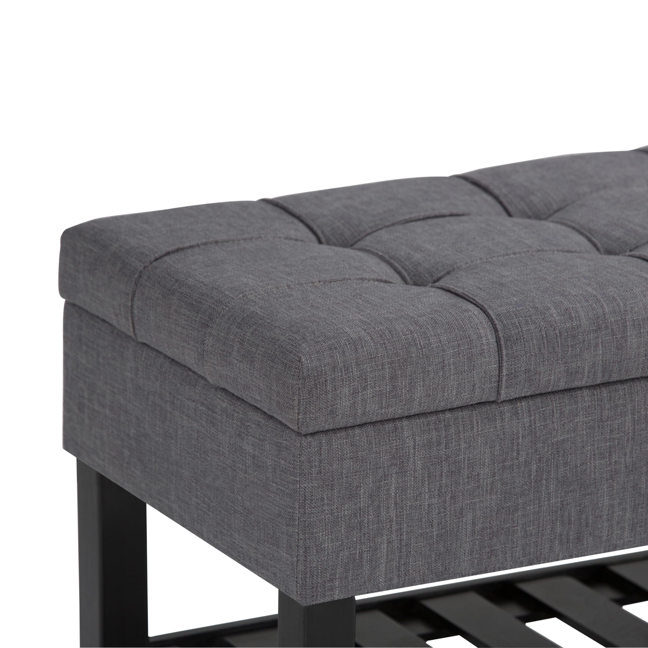 SIMPLIHOME Saxon Storage Ottoman Bench - 43 inch Wide Upholstered Linen Look Fabric Rectangle Storage Ottoman in Slate Grey, Transitional Bench for Bedroom with Tufted Lift-Top and Open Bottom Shelf