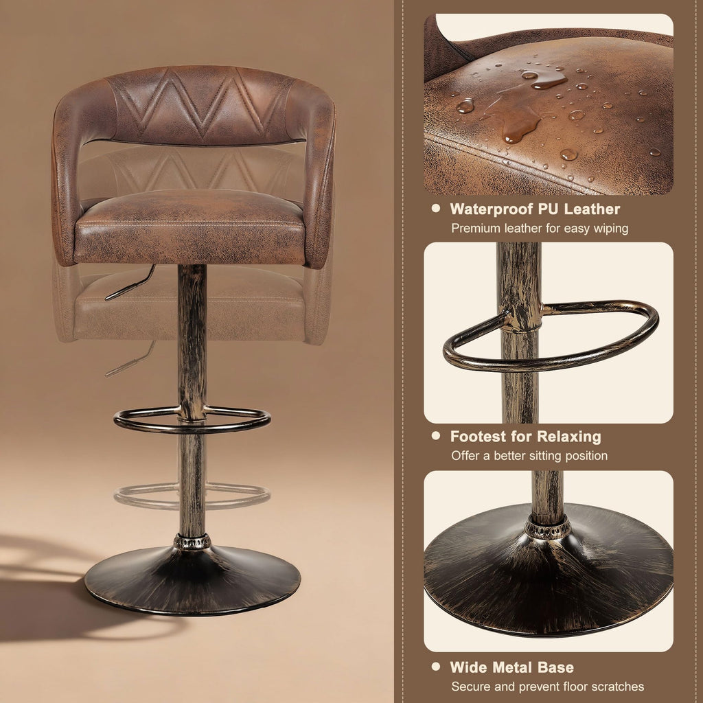 VECELO Bar Stools Set of 4 Adjustable Swivel Modern Pu Leather Barstools, Counter Bar Stools with Back and Arms, for Kitchen, Bar (Dark Brown)