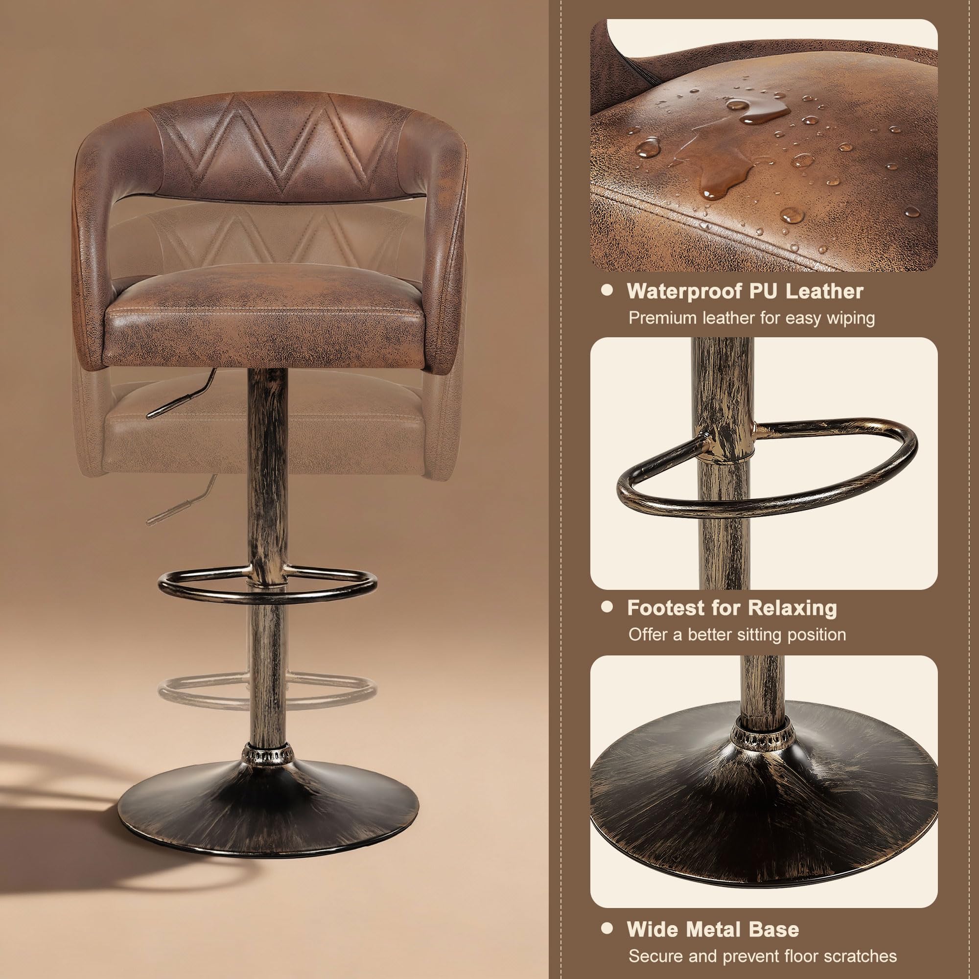 VECELO Bar Stools Set of 4 Adjustable Swivel Modern Pu Leather Barstools, Counter Bar Stools with Back and Arms, for Kitchen, Bar (Dark Brown)