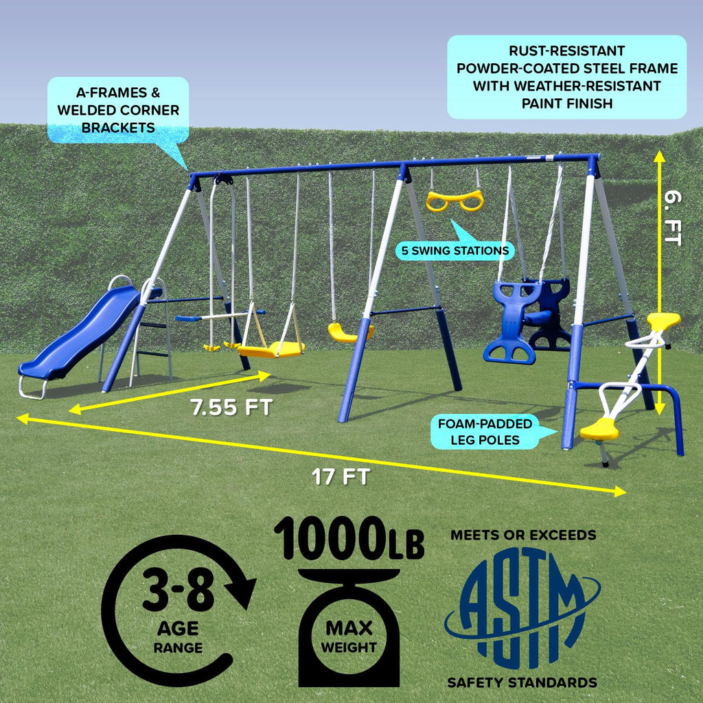 Sportspower Super 9 Metal Swing Set for Outdoor Backyard Play: Teeter Totter, Glide Ride, Roman Glider, Standing Swing, Trapeze, 5ft Slide, Anchor Kit, 7.5' D × 17.1' W × 6.1' H