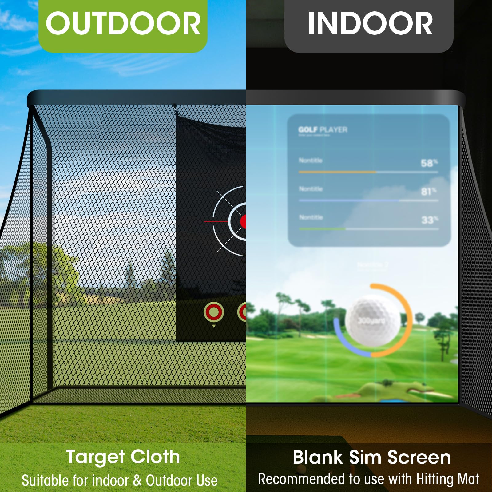 Silipull Golf Cage Net with Simulator Impact Screen Heavy Steel Frame with 2 Net Side Barriers HD Blank Impact Screen and Target Cloth Golf Simulators Enclosure for Home Indoor Outdoor(10 x 7 ft)