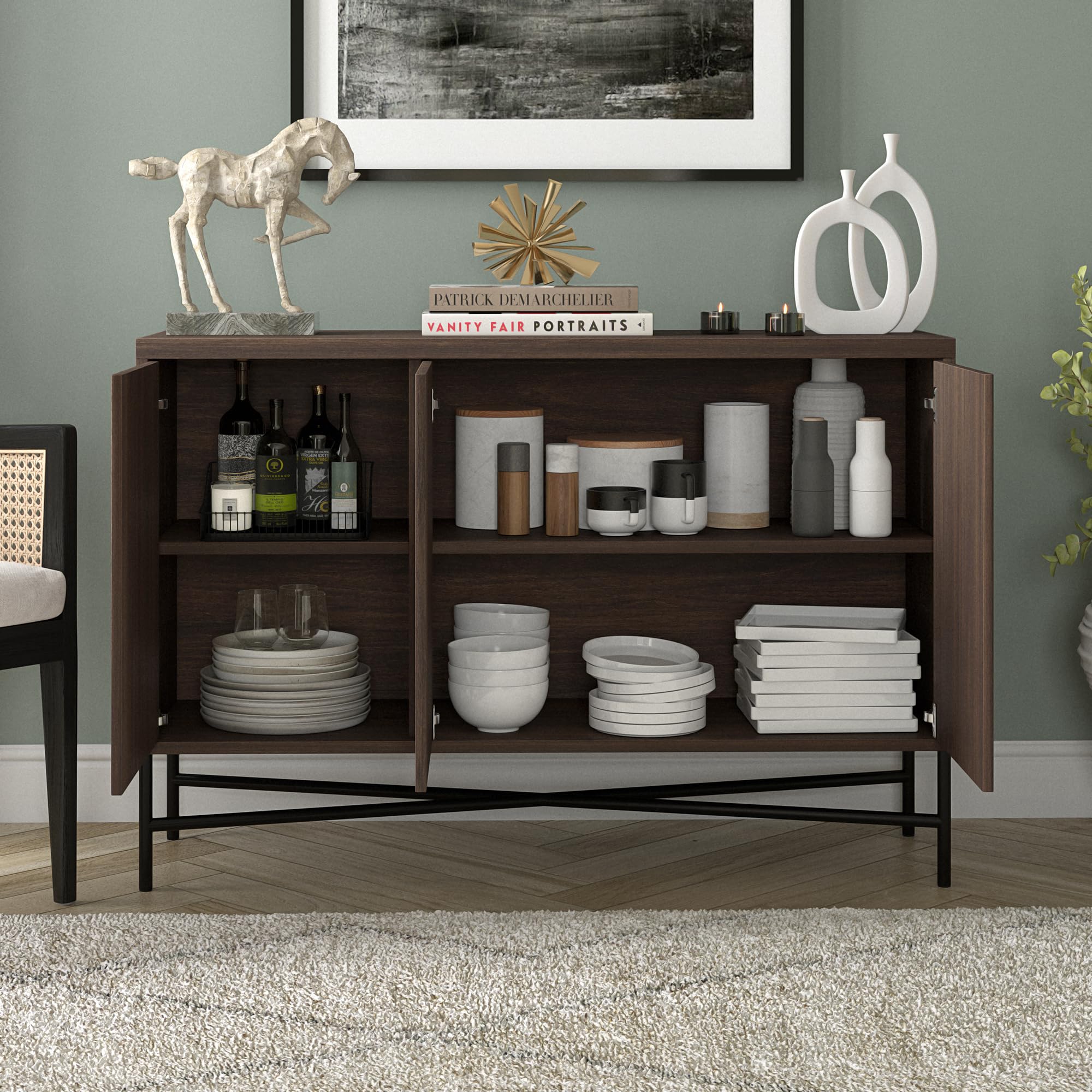 Henn&Hart 48" Fluted Sideboard Buffet Cabinet, Modern Ribbed Credenza with 3 Doors, Adjustable Shelves, and Cable Management Cut-Outs for Dining Room, Kitchen, Living Room or Entryway, Rich Brown