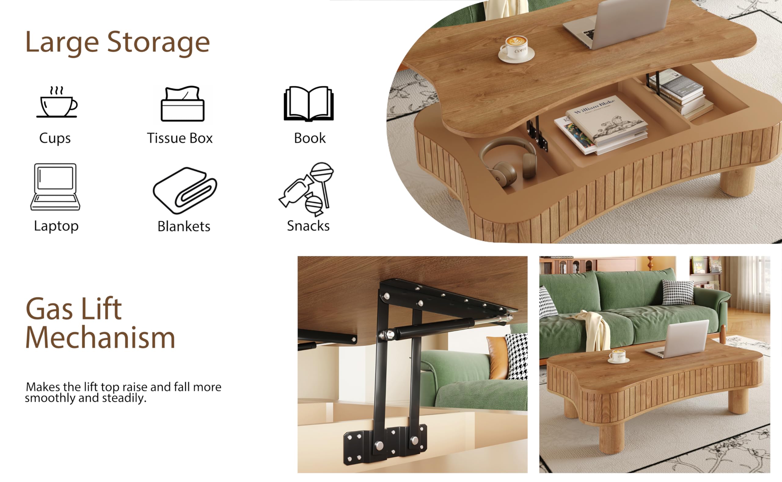 GDFStudio Zurnes Lift Top Coffee Table with Storage, 42" Accent Table for Living Room, Fluted Panel Hidden Storage, Silent Hydraulic Lift, Curved Corners, Easy Assembly, Light Brown