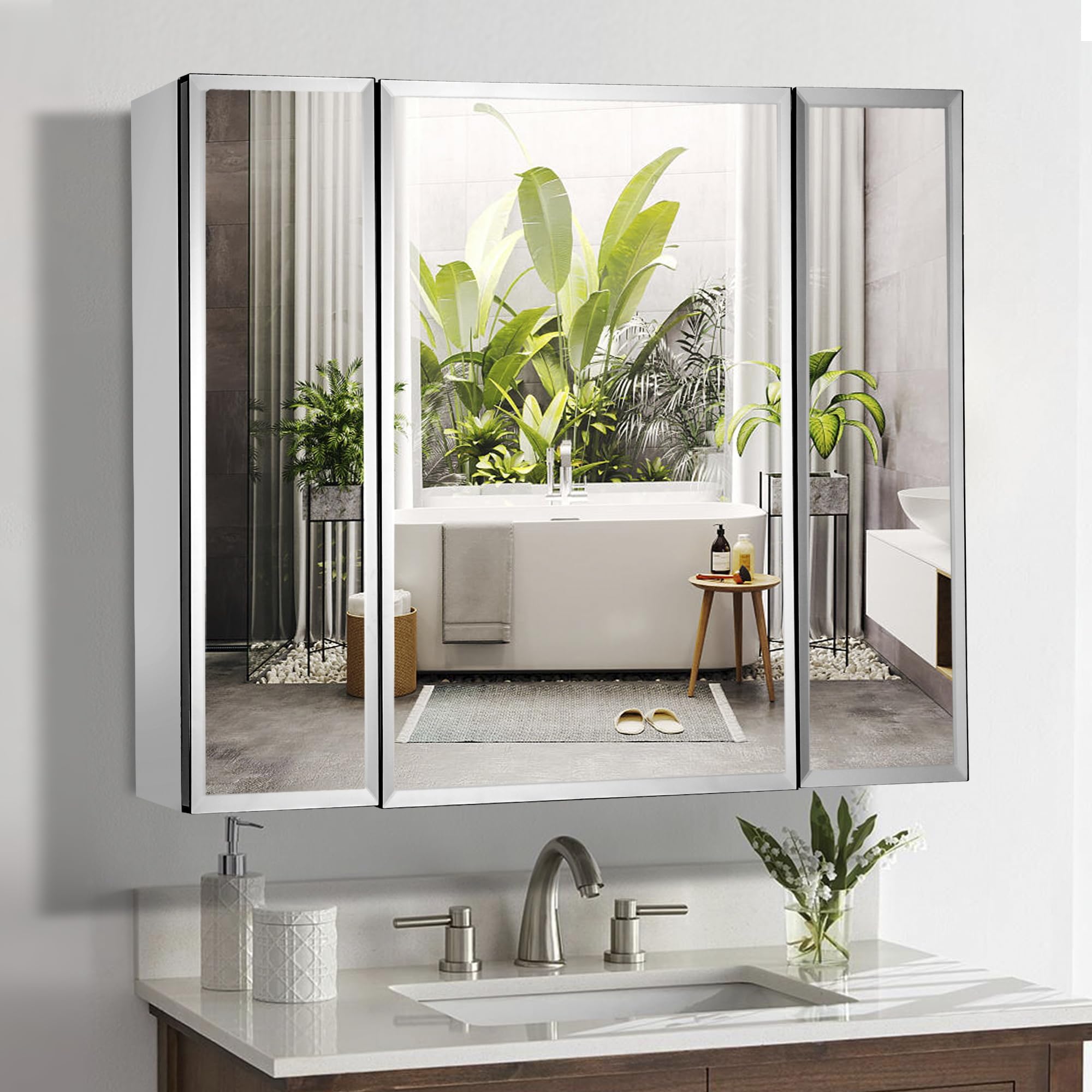Movo Double Doors Medicine Cabinet with Mirror, 36 inch X 26 inch Aluminum Bathroom Medicine Cabinet, Adjustable Glass Shelves, Waterproof and Rust-Resist, Recess or Surface Mount Installation,Silver