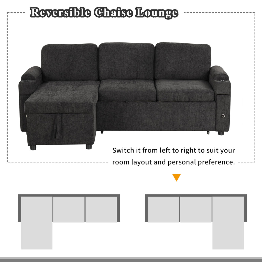 Merax Modern 83.5" L-Shaped Sectional Sofa with Pull-Out Sleeper Bed, USB Ports & Cup Holders, Chenille 3-Seat Couch with Storage Chaise Lounge, Side Pocket & Drawers for Living Room, Black