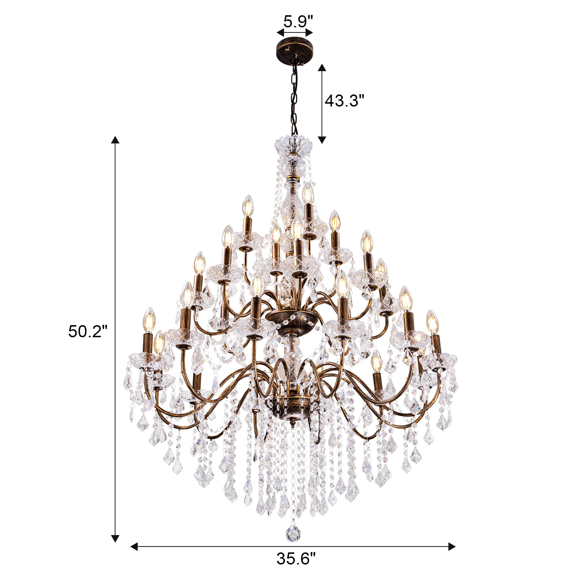 Wellmet Black Chandelier Light Fixture, Luxury Maria Theresa Crystal Chandeliers for High Ceiling Foyer, 24 Lights Hanging Pendant Light for Living Room EntryWay Hall Staircase Large 35.66" (Bronze)