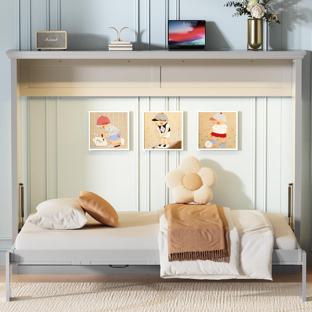 DNYN Queen Size Murphy Bed for Bedroom,Guest Room,Solid Wood Wall Bedframe w/Wooden Leg & Cabinet Design,Super Save Space & No Box Spring Needed, Gray