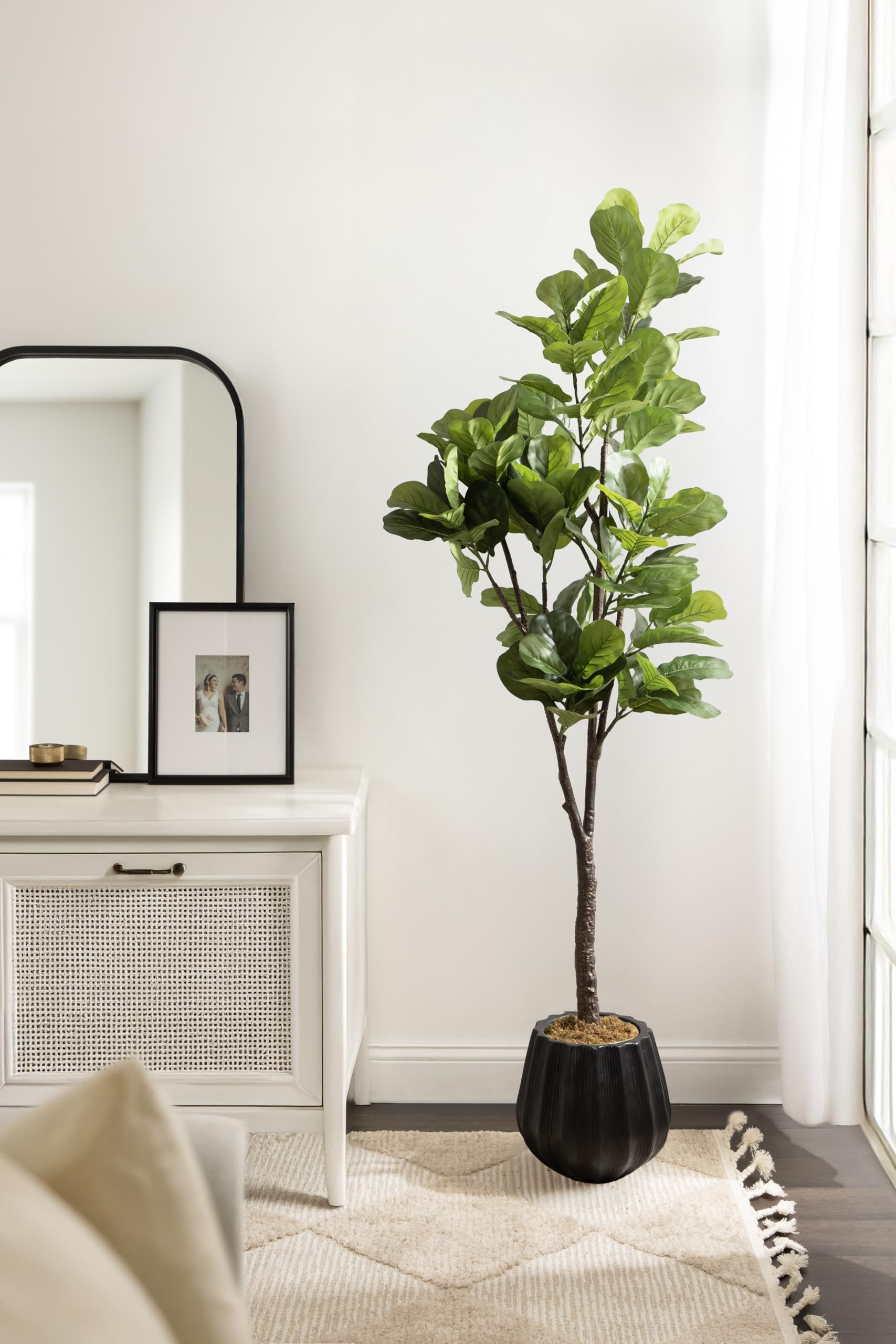 Kate and Laurel Fidmont Faux Fiddle Fig Tree with Claudel Scalloped Planter Pot, 6 FT, Black, Potted Artificial Tree Indoor with Realistic Foliage and Added Moss, Fake Plant for Living Room Decor