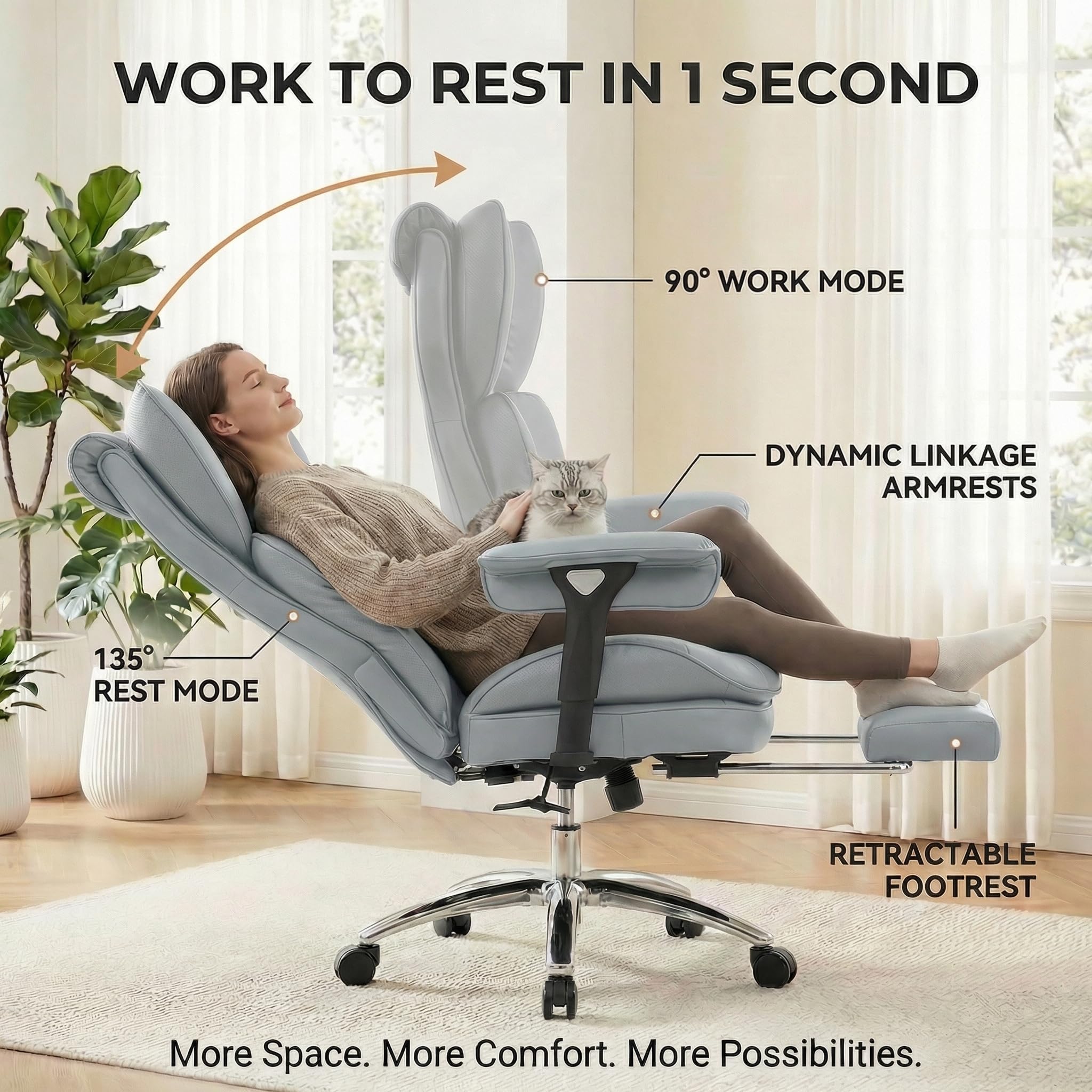 ATMILD Big and Tall Office Chair, 400lbs Heavy Duty Wide Seat Executive Chair with Footrest, High Back Leather Computer Desk Chair for Home Office (Grey)