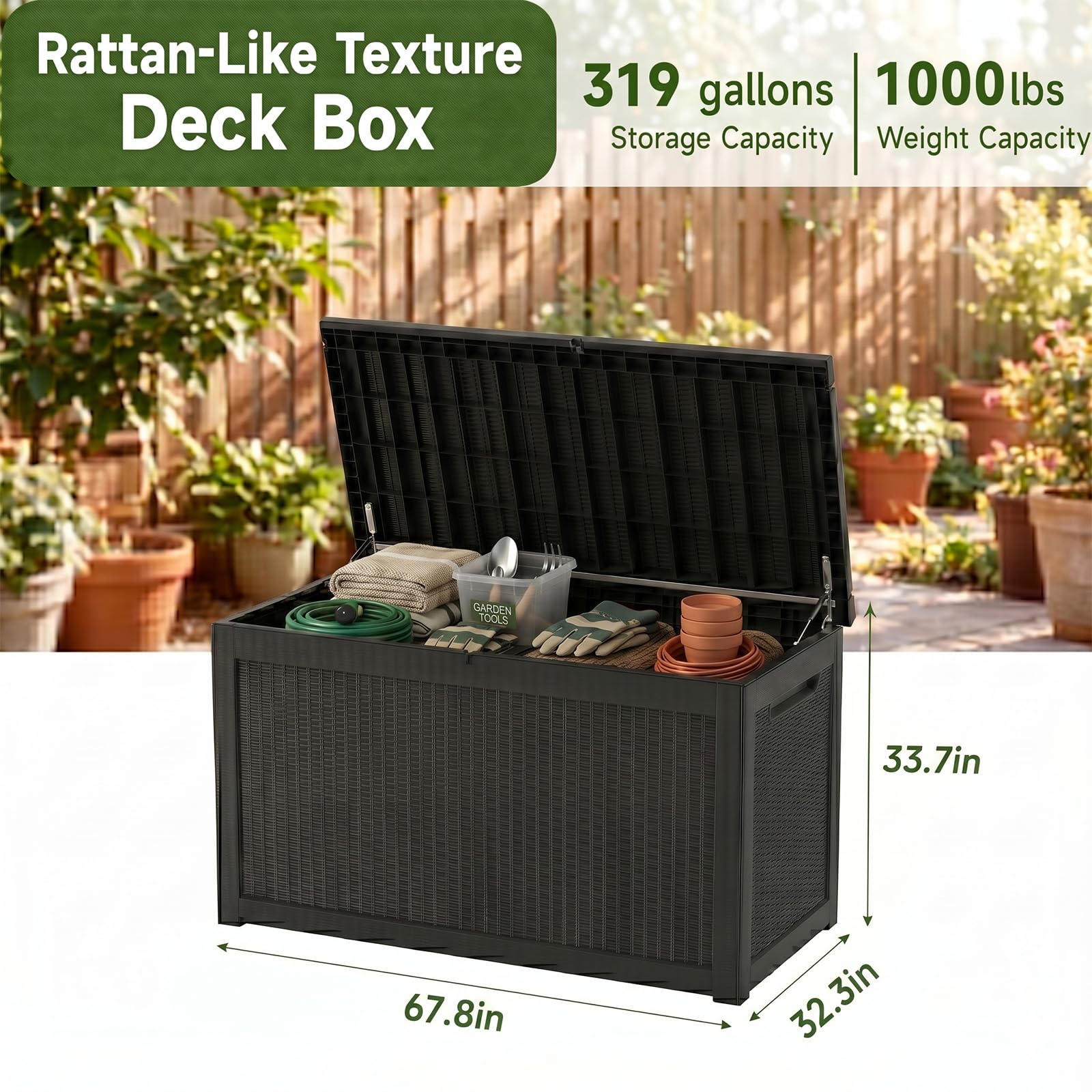 319 Gallon Extra Large Outdoor Storage Box, Waterproof Deck Box with Lockable Lid, Resin Outside Storage Box for Patio Furniture, Pool Accessories, Garden Tools, Storage Bench for Backyard,Porch,Black