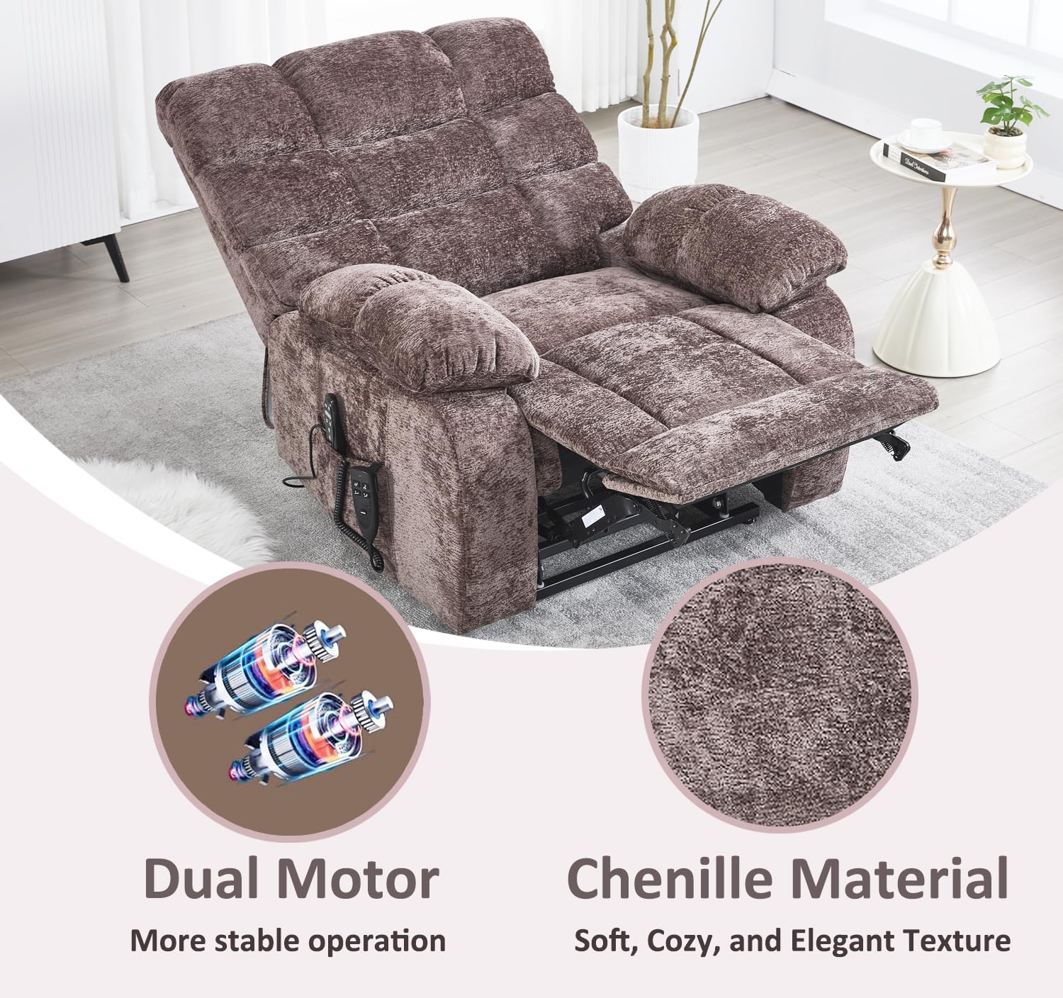 RHHVVR Oversized Power Lift Recliner Chair for Elderly, Dual Motor Lay Flat Recliner Big Chair with Massage and Heating, Chenille Electric Recliner Chairs for Living Room, Medium-Firm, Brown