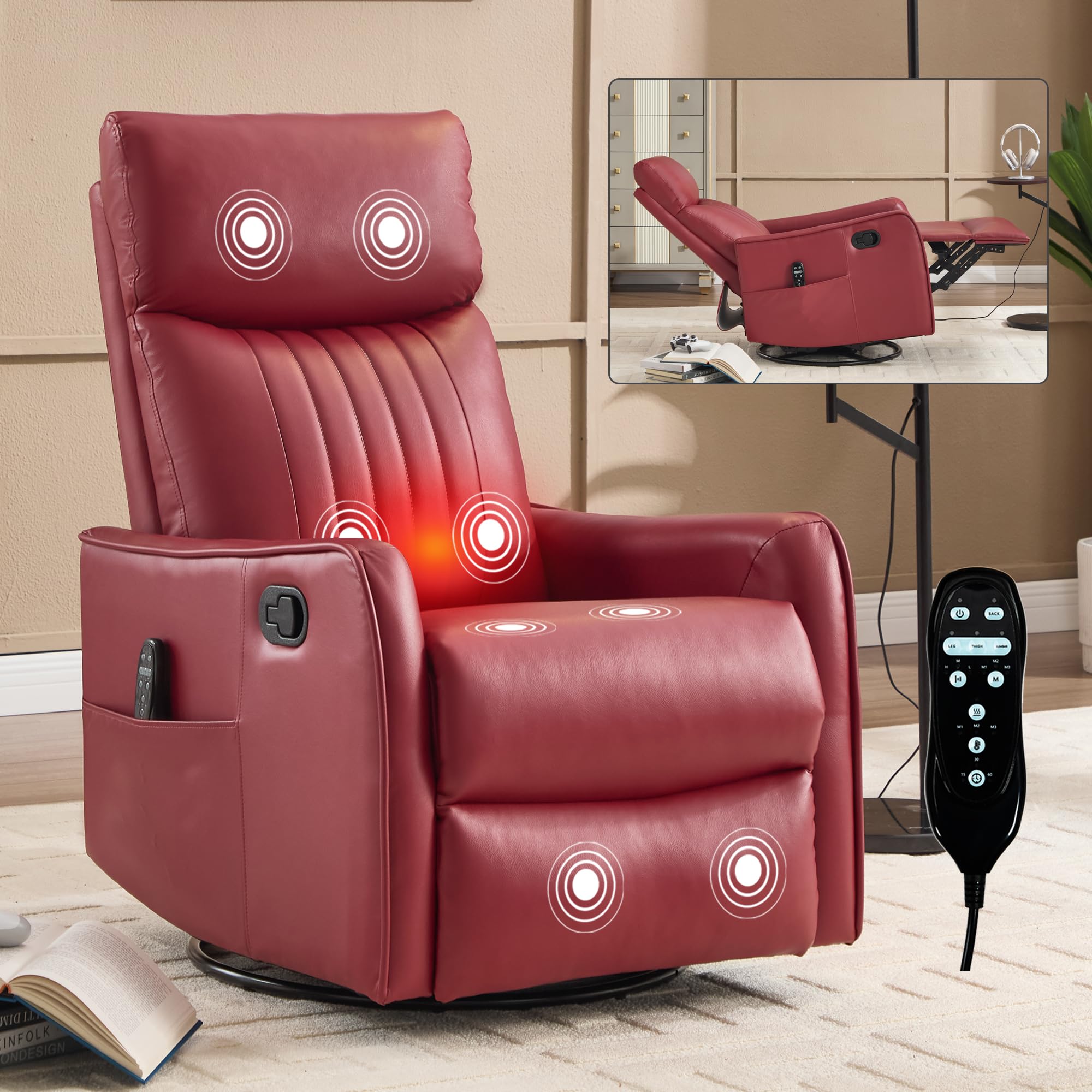 KEIKI 4-in-1 Manual Swivel Rocker Recliner Chair for Living Room, Faux Leather Nursery Glider Rocking Chairs with Back Massager & Heat, Engineered for Compact Apartment Comfort Lounging Daily, Red