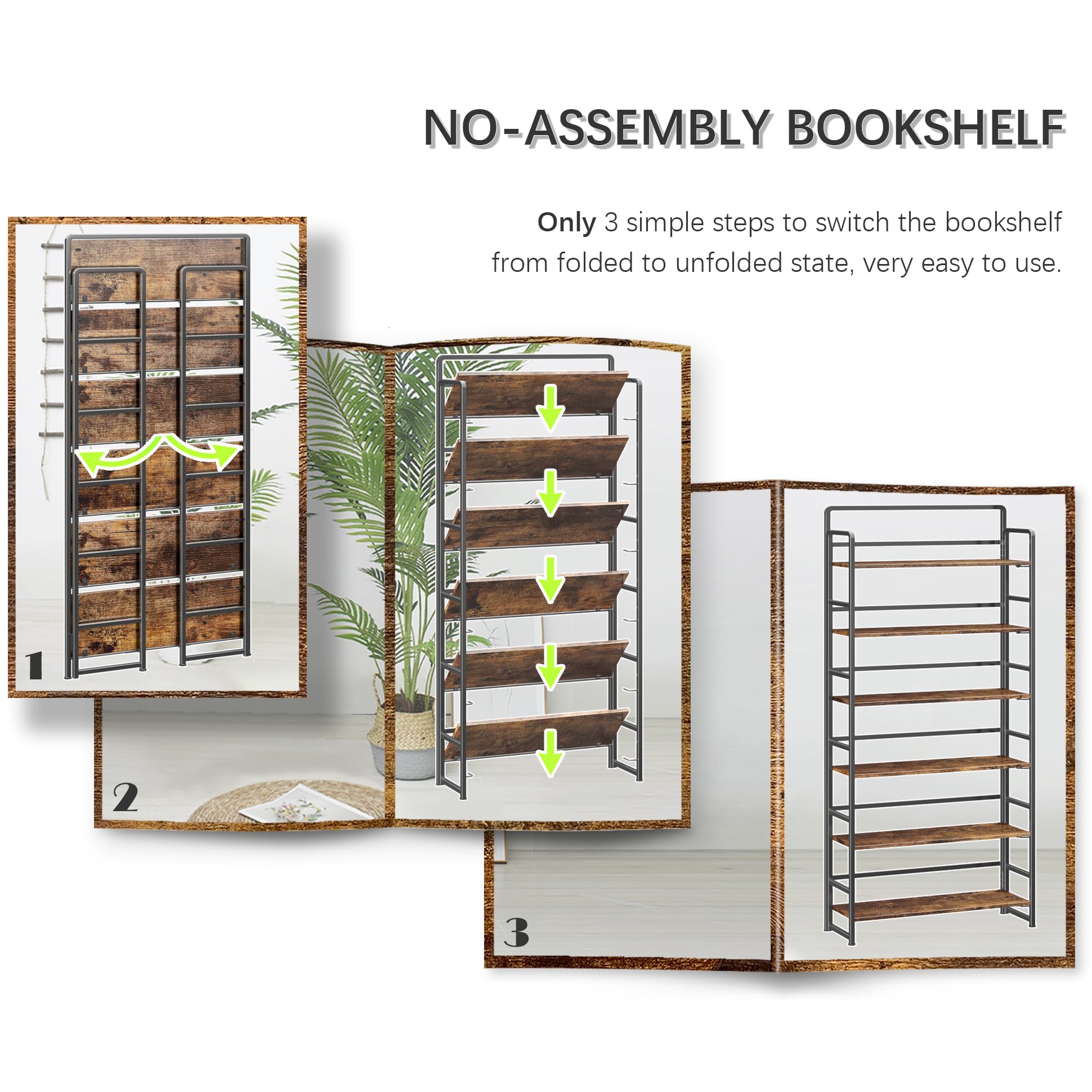 4NM No Assembly Extra Wide 6 Tiers Folding Bookshelf Storage Shelves Vintage Bookcase Standing Racks Study Organizer Home Office (Rustic Brown Black)