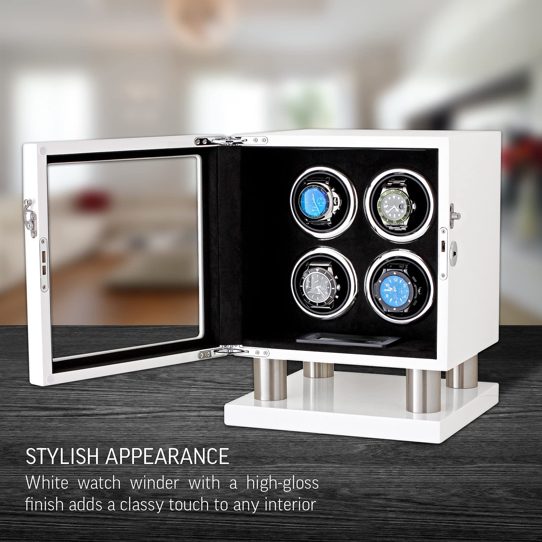 Watch Winder for 4 Watches with LED Backlight, LCD Display and Motor-Stop Option (White & Black)