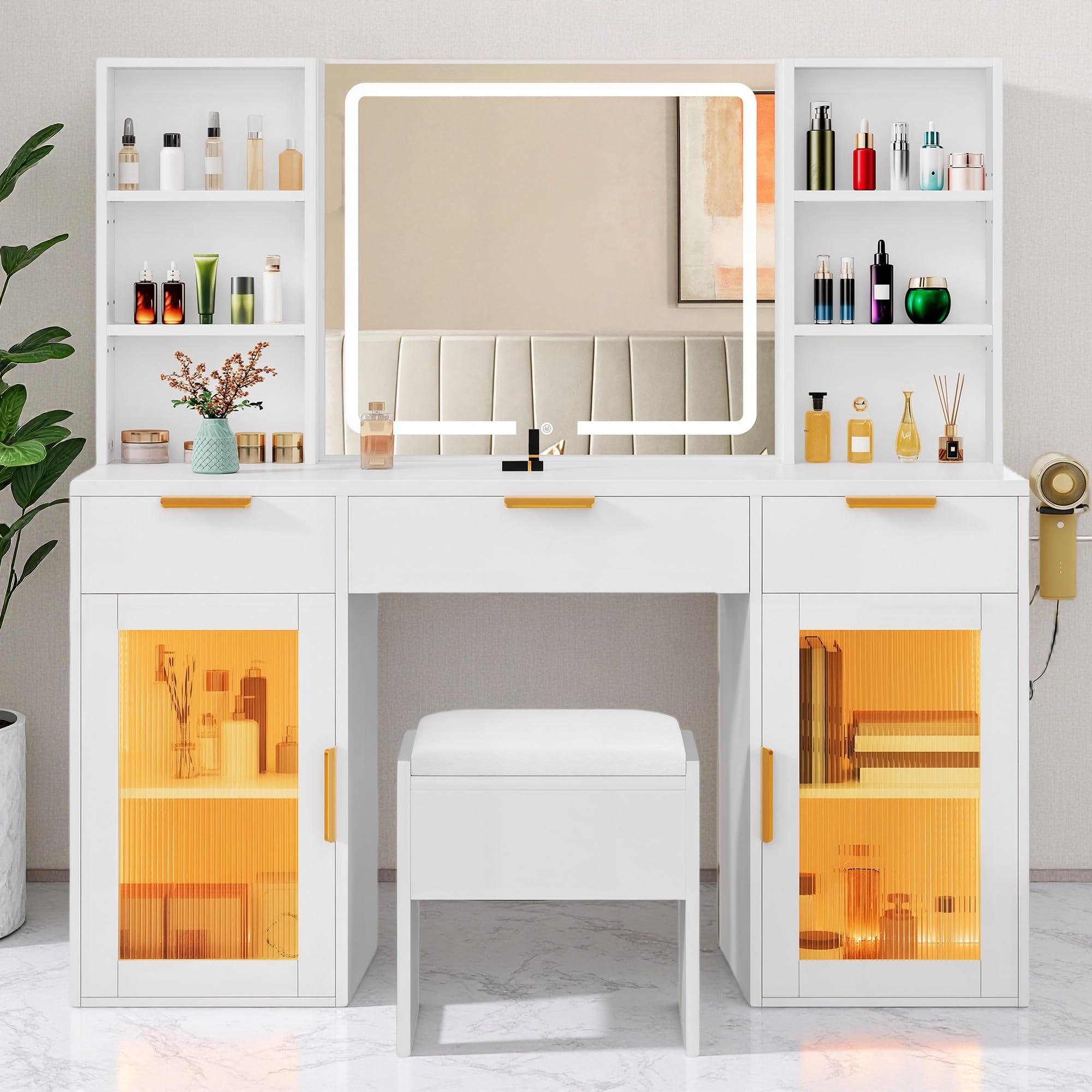 DWVO 56.3" Makeup Vanity with LED Lighted Mirror, Large Vanity Desk with RGB Glass Cabinets, Open Shelving, Built-in Power Strip & Cushioned Stool