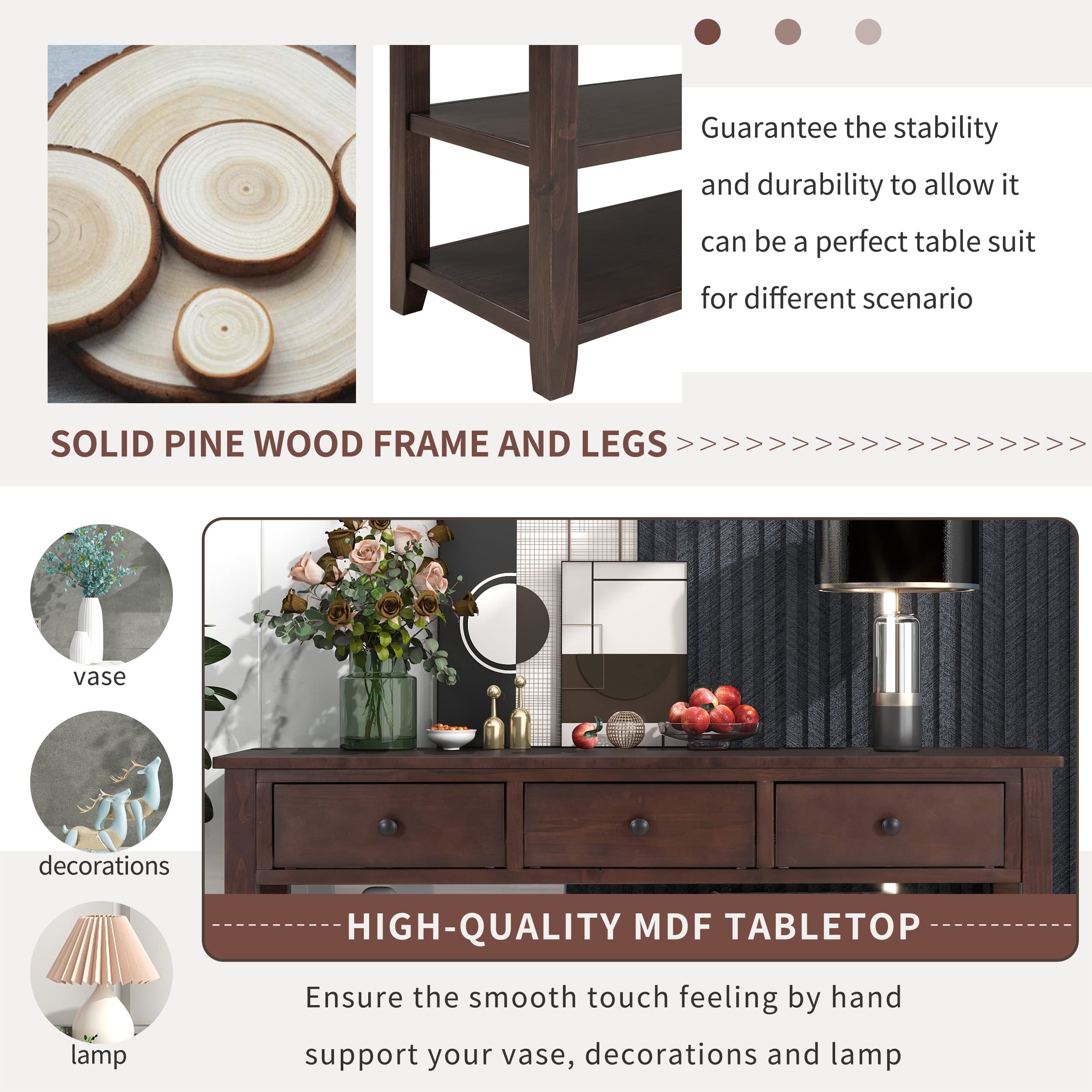 Bellemave Solid Wood Console Table with Drawers, Retro Entryway Table with 3 Drawers and 2 Open Storage Shelves, Narrow Long Sofa Table, Behind Couch Table for Living Room, Foyer and Hallway, Espresso