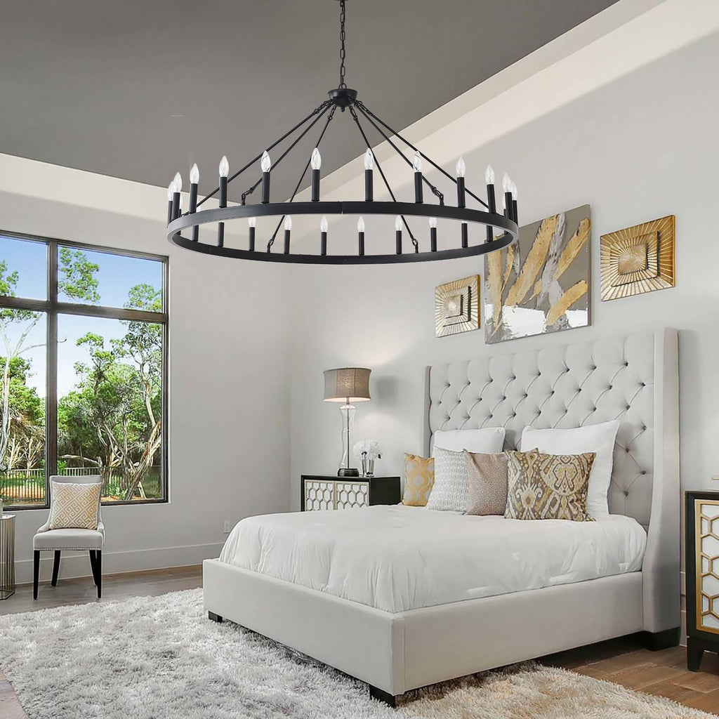 JTYP 53 Inch Large Black Farmhouse Wagon Wheel Chandelier,24-Light Round Industrial Pendant Light fixtures for Outdoor Porch high Ceilings Living Dining Room Foyer Entryway