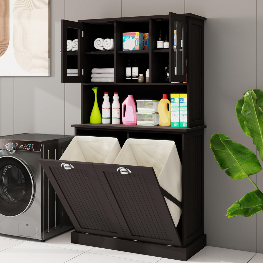 Sang Seiyoga Tilt Out Laundry Hamper Cabinet, Double Compartment Sorter Tall Organizer with 2 Adjustable Shelves & Top Shelf, Space Efficient for Bathroom/Dorm, Easy Clean Interior Black