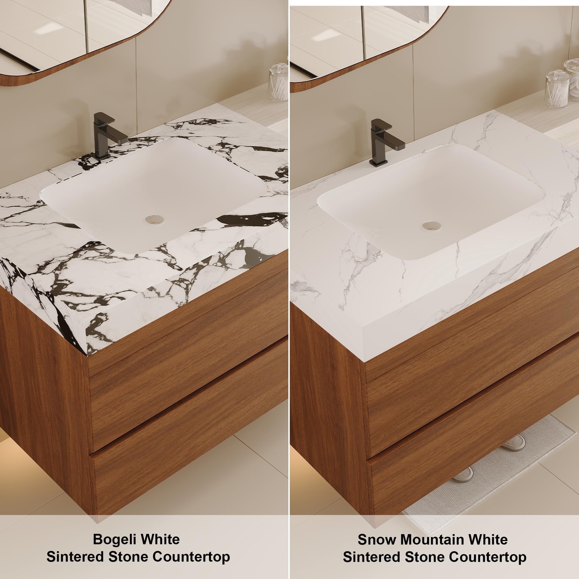 KEIKI 29.9" Bathroom Vanity with Undermount Sink Combo, Modern Floating Vanity Cabinet with 2 Drawers & Open Side Shelves, Storage Wall Mounted Cabinet for Small Space, Walnut Marbe