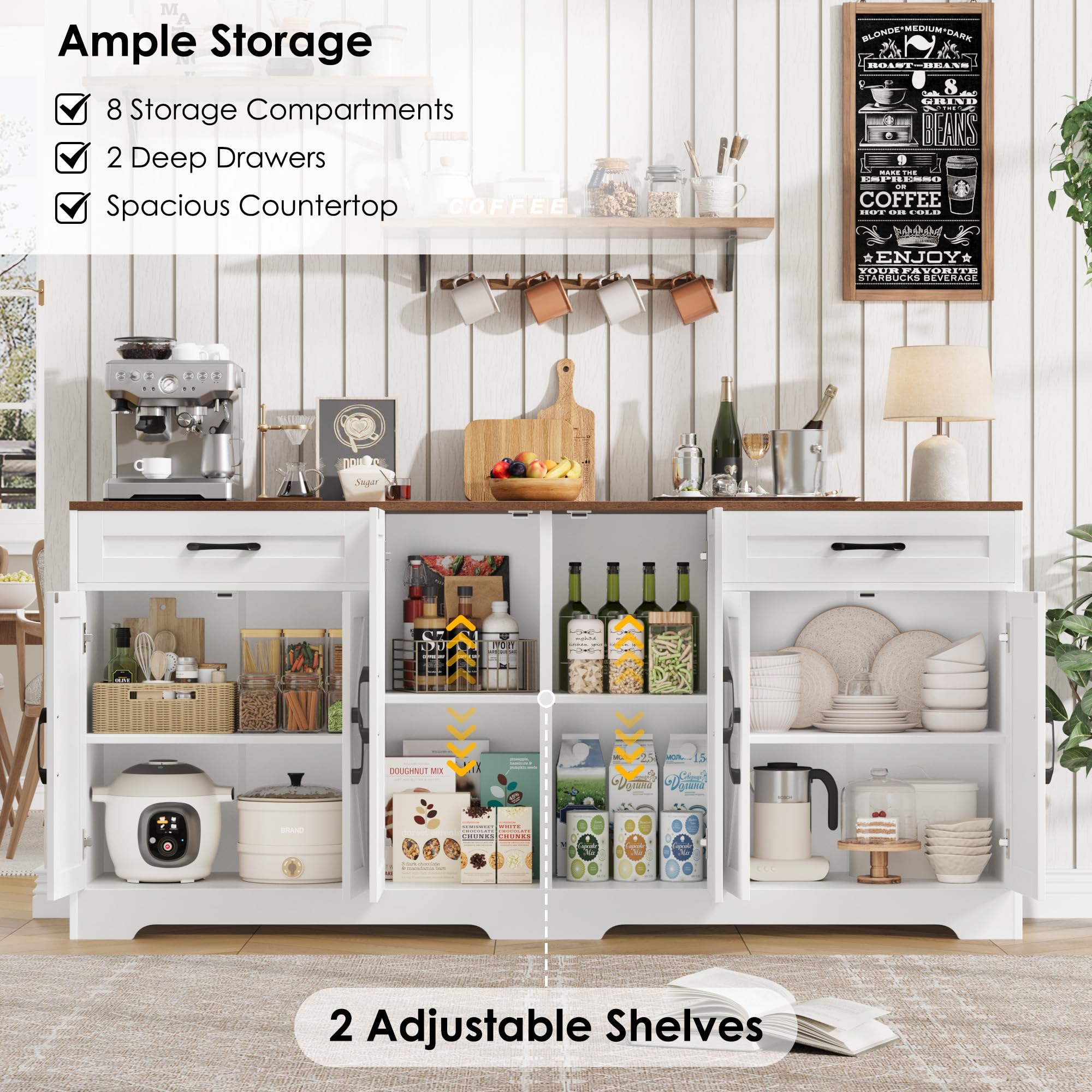 BOTLOG 71” Large Sideboard Buffet Cabinet with Storage, Farmhouse Kitchen Buffet Cabinet with Adjustable Shelves and 6 Barn Doors, Wood Coffee Wine Bar Console Table for Kitchen, Dining Room, White
