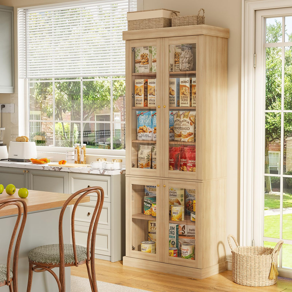 Vyre 70.8" Tall Brown Bookshelf with Glass Doors, Farmhouse Modular Bookcase with 6-Tier Adjustable Shelves, Large Storage Cabinet for Living Room and Home Office