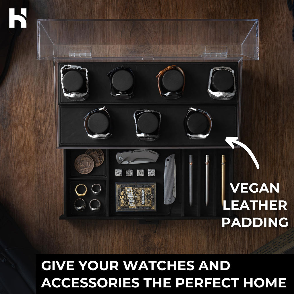 7 Slot Watch Box & Cleaning Kit Bundle – Large Wooden Watch Organizer Case + Full Watch Care Set (Crystal & Leather Care Restorer, Metal Cleaning Solution, Brushes, & Microfiber Cloth) | Gift for Men