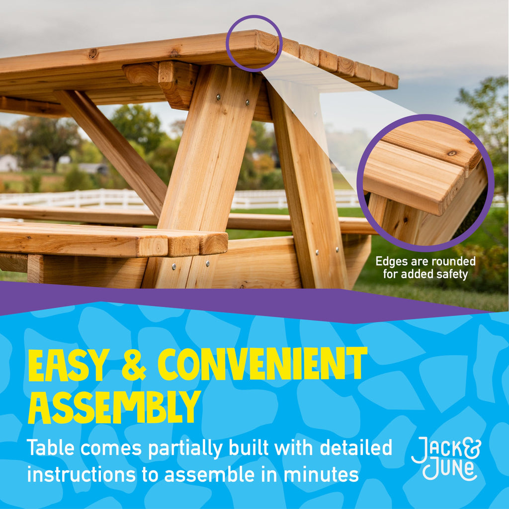 Jack and June Premium Cedar Wood Rectangular Picnic Table Easy Assembly Rounded Corners Comfortable for Kids and Adults
