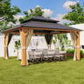 INTER HUT 13x15 Hardtop Gazebo with Netting and Curtains, Galvanized Steel Double Roof Outdoor Pavilion with Cedar Wood Frame, Patio Gazebo for Deck, Garden, Lawn, Natural Wood/Black