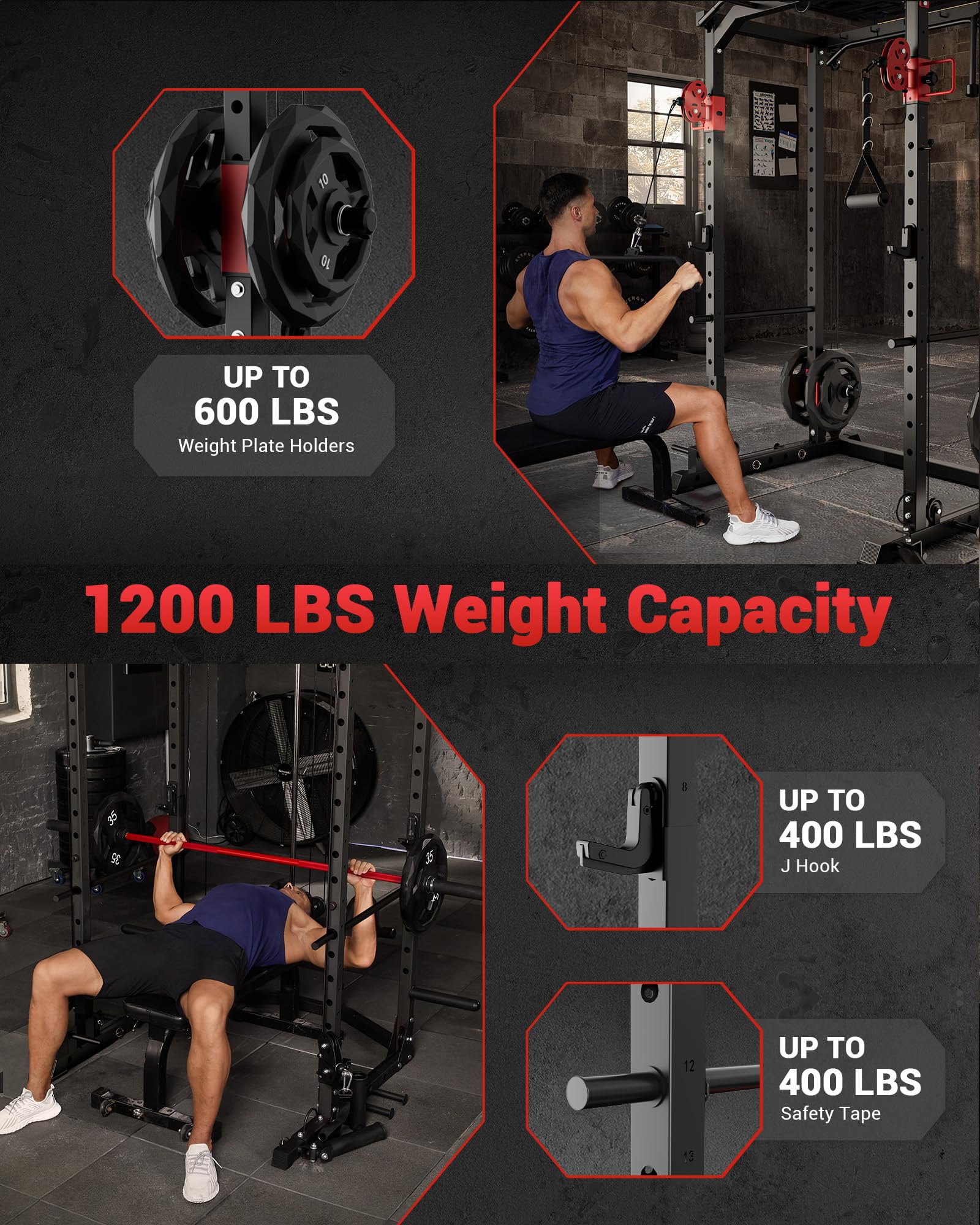 Garvee Power Cage, Multi-Functional Power Racks for Home Gym with Dual Pulley Systems, 1200 LBS Weight Capacity Fitness Squat Rack for Strength Workout with More Training Attachment, Red