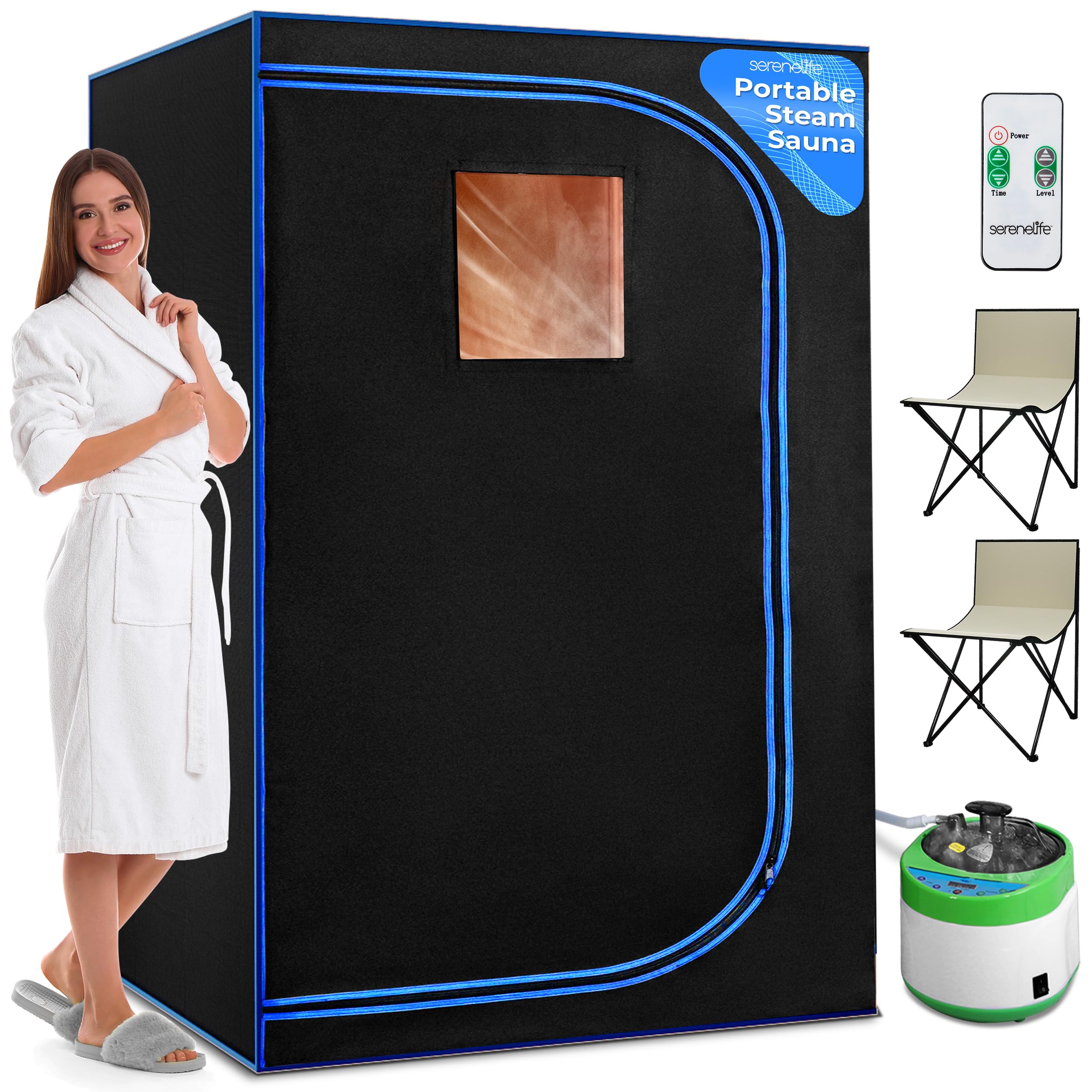 SereneLife Portable Sauna for Home, 2-Person Steam Sauna Tent with 4L Steamer, 2 Foldable Sauna Chairs, Remote Control for in-Home Spa Rejuvenation, 71"x47" (Black)