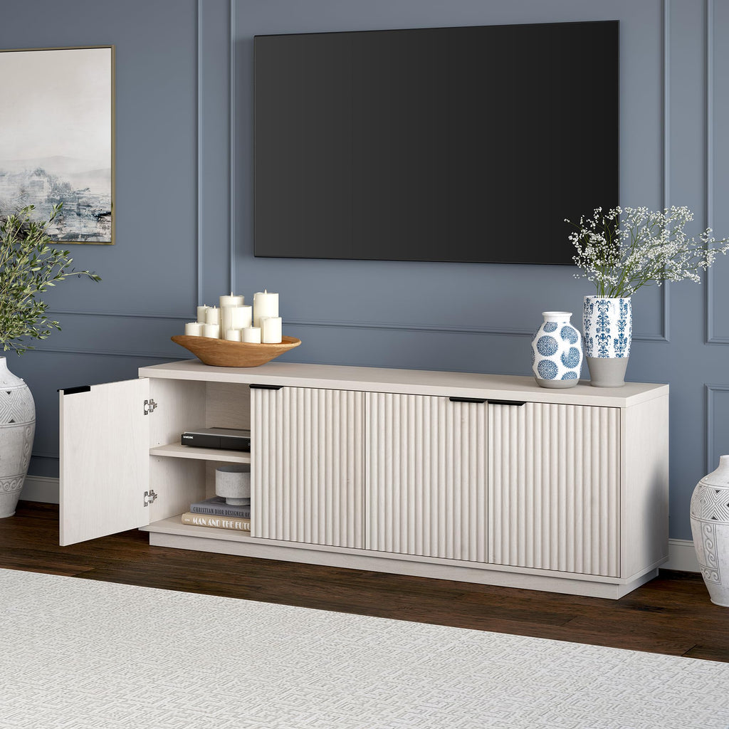Henn&Hart Fluted TV Stand for TVs up to 78" with 2 Ribbed Storage Cabinets and Adjustable Shelves for Living Room, Family Room, or Office, Beech White