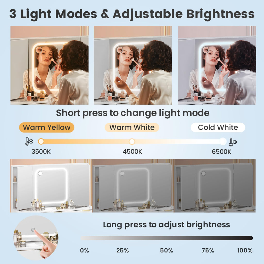Fkhouse Glass Top Vanity Desk with Foldable Mirror and Lights, 11 Drawers Makeup Vanity with Charging Station, 3 Lighting Modes Dressing Table with Chair, White