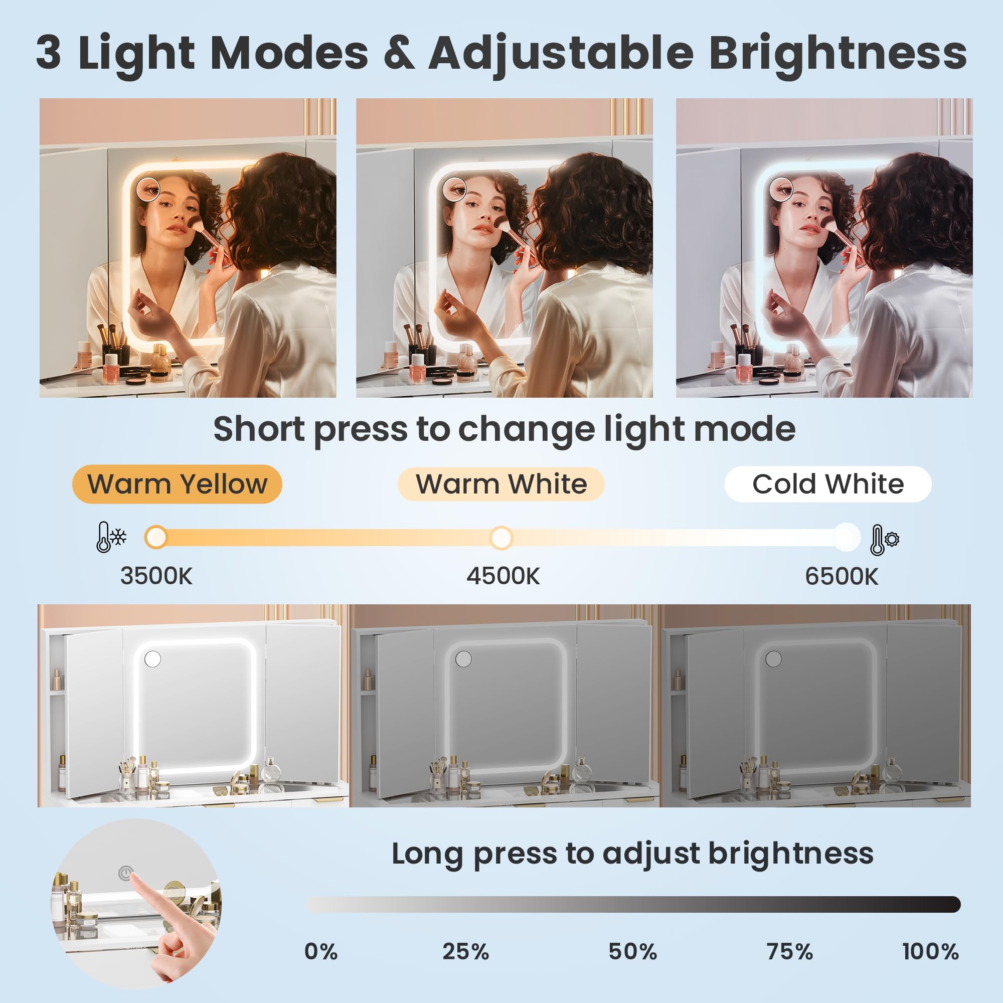 Fkhouse Glass Top Vanity Desk with Foldable Mirror and Lights, 11 Drawers Makeup Vanity with Charging Station, 3 Lighting Modes Dressing Table with Chair, White