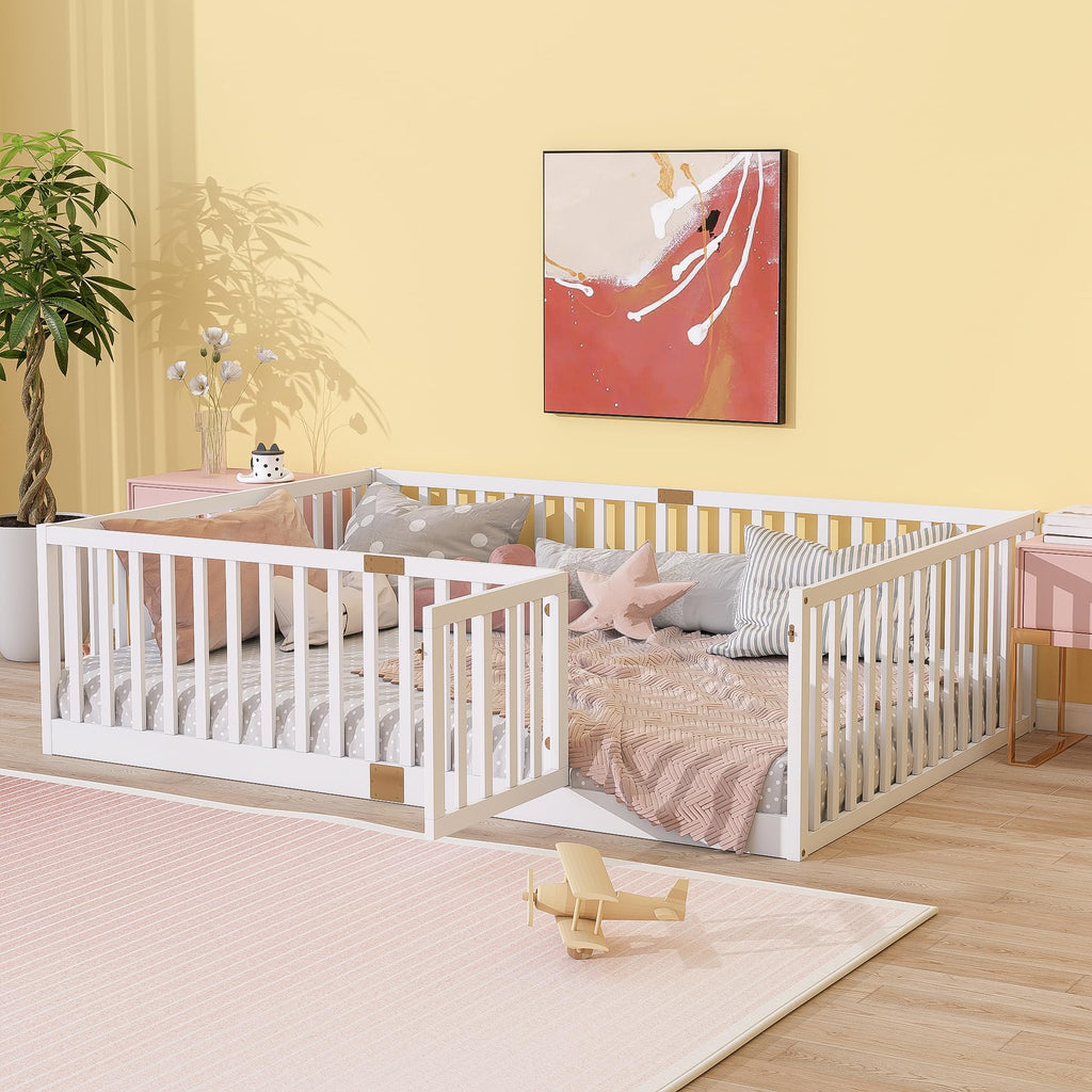 KEIKI Full Floor Bed with 21.5" Safety Guardrails & Door, Kids Floor Bed Frame with 6 Slats, Solid Wood Montessori Bed for Toddler Bedroom, White