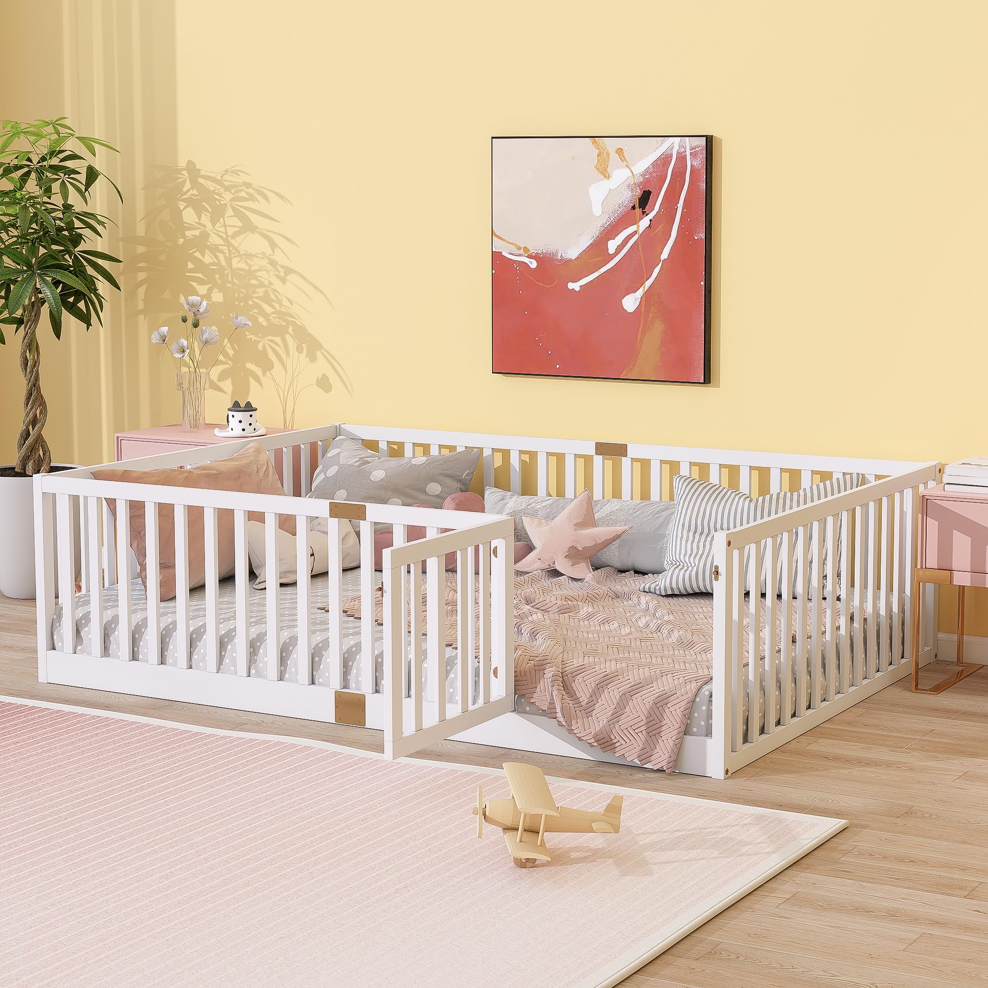 KEIKI Full Floor Bed with 21.5" Safety Guardrails & Door, Kids Floor Bed Frame with 6 Slats, Solid Wood Montessori Bed for Toddler Bedroom, White