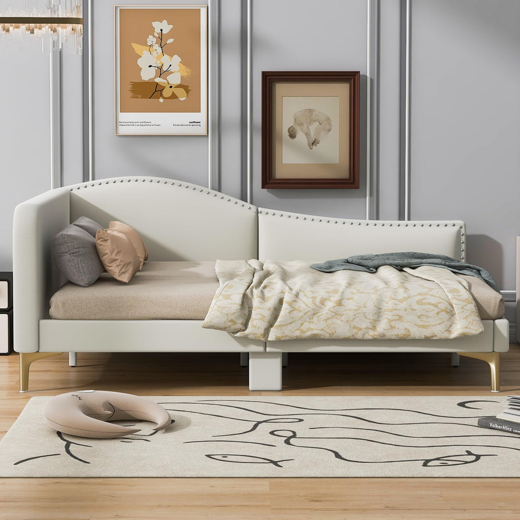 Jintop Full Size Upholstered Daybed with Backrest and Armrest,Modern Wooden Bed Frame,w/Support Legs,Slat Support,No Box Spring Needed,for Dorm,Apartment,Studio,Office,Beige