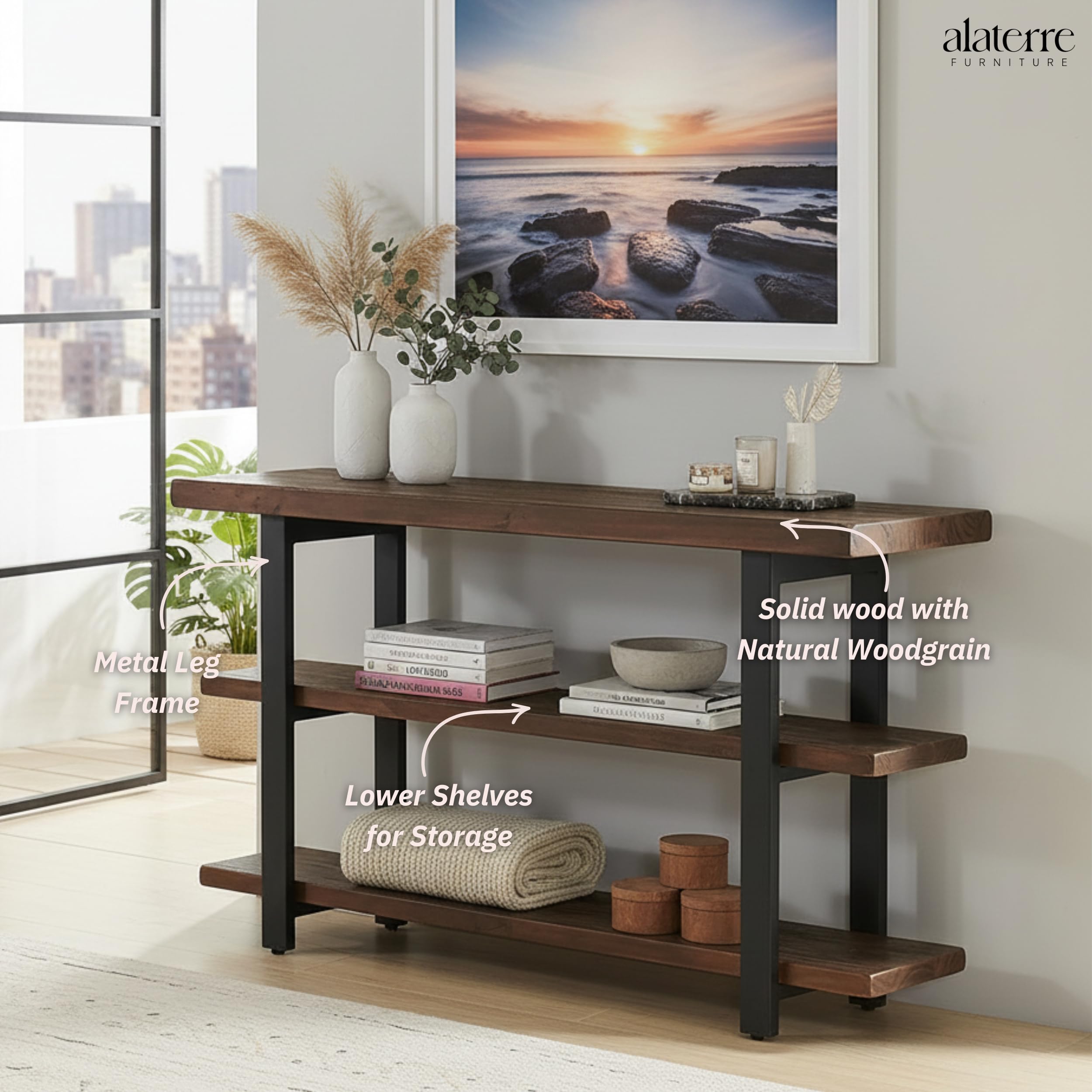 Alaterre Furniture Pomona 3-Tier Solid Wood Media Console Table with 2 Open Shelves and Metal Legs - Rustic Industrial Farmhouse TV Stand and Storage Console (Rustic Brown)