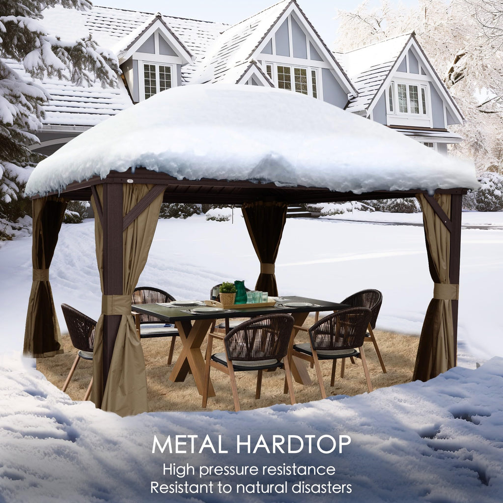 Kozyard Alexander 10' x 12' Hardtop Gazebo, Aluminum Frame with Galvanized Steel Double Roof, Outdoor Permanent Pavilion with Curtains and Netting for Patio, Backyard, Deck, Lawn(Brown)