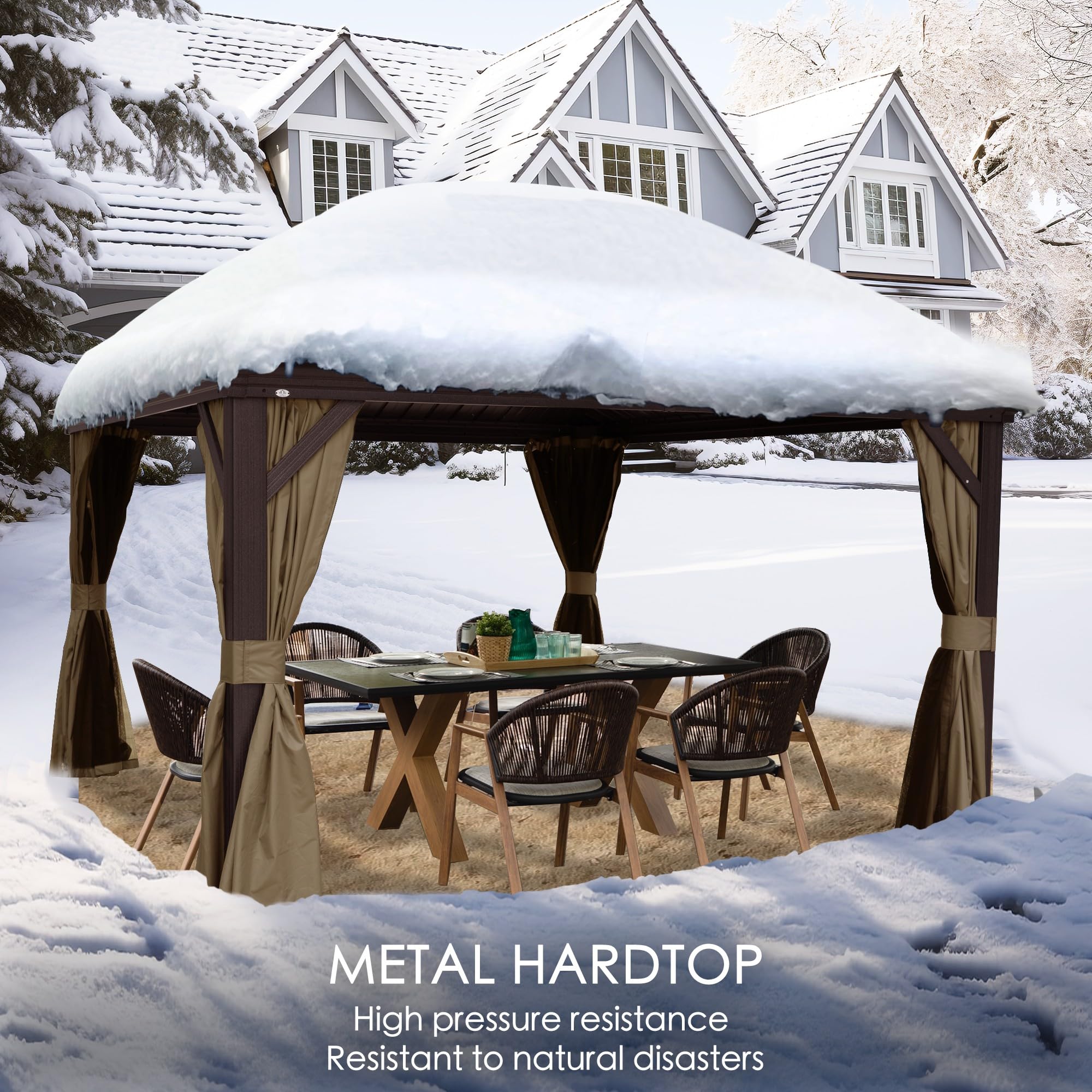 Kozyard Alexander 10' x 12' Hardtop Gazebo, Aluminum Frame with Galvanized Steel Double Roof, Outdoor Permanent Pavilion with Curtains and Netting for Patio, Backyard, Deck, Lawn(Brown)