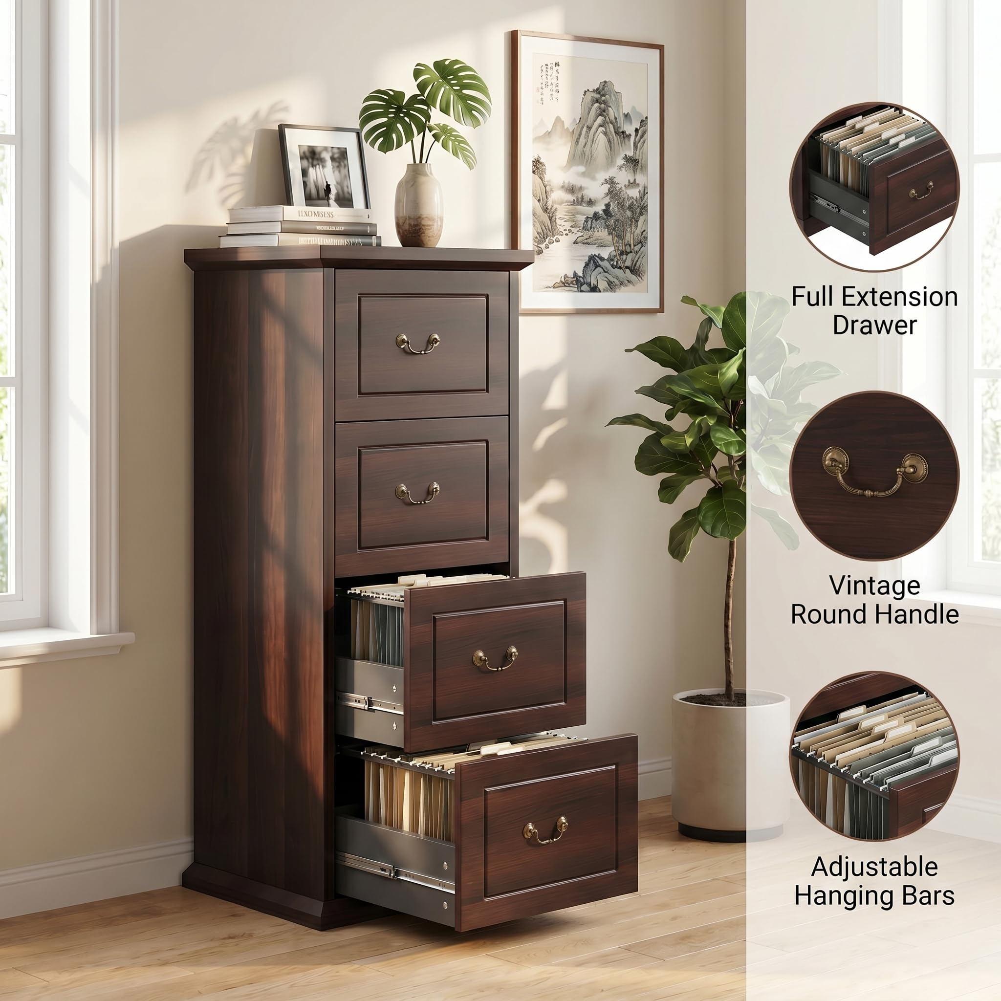 Tribesigns Wooden 4-Drawer File Cabinet with Adjustable Hanging Bar,Vertical File Cabinet for Letter/Legal/A4/F4 Size,Tall Filing Cabinet for Home Office,Walnut