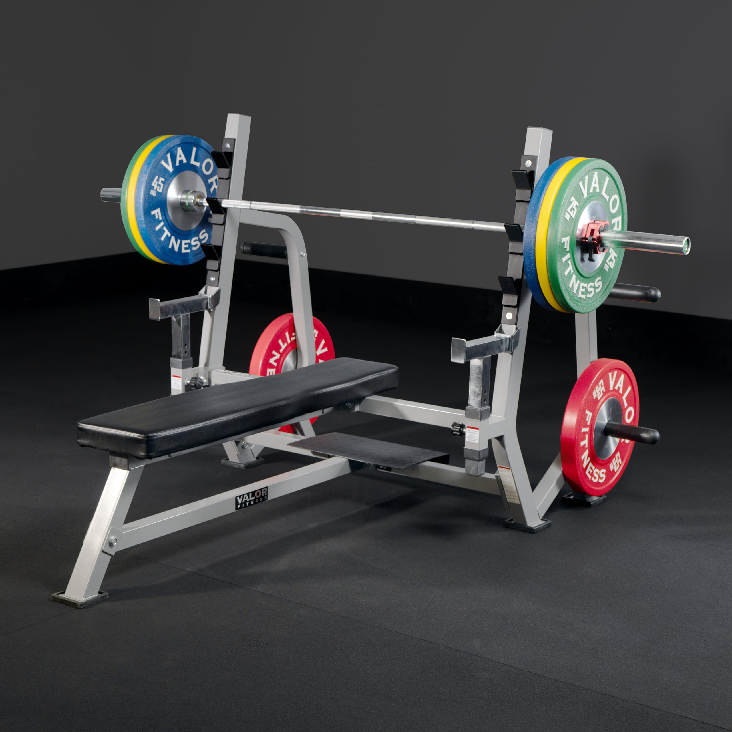 Valor Fitness Olympic Weight Bench Press Station - Spotter Arms - Adjustable Safety Catch- Max 500 lbs - Plate Storage Pegs - Home Gym Equipment