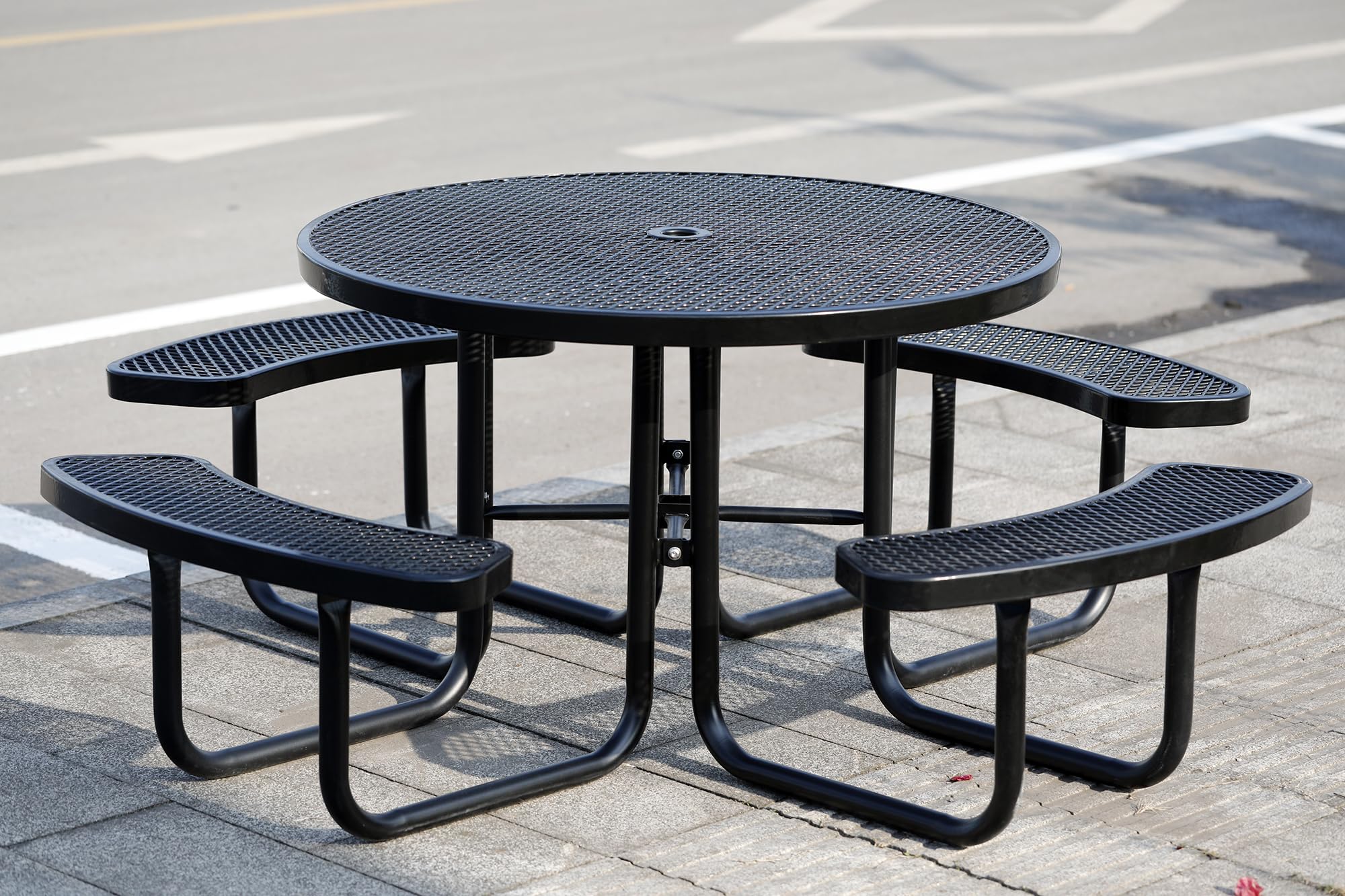 Sunnibety 8-Person Picnic Tables for Outdoors, Industrial 46" Expanded Metal Round Picnic Table with 4 Benches & Umbrella Hole, Outside Table and Bench Set for Park, Garden, Backyard, Patio, Black